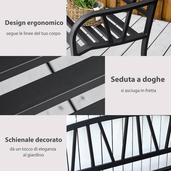 Banc de jardin en métal noir imperméable, banc d'extérieur 2 places en fer, 128 x 56 x 86 cm - Image 7