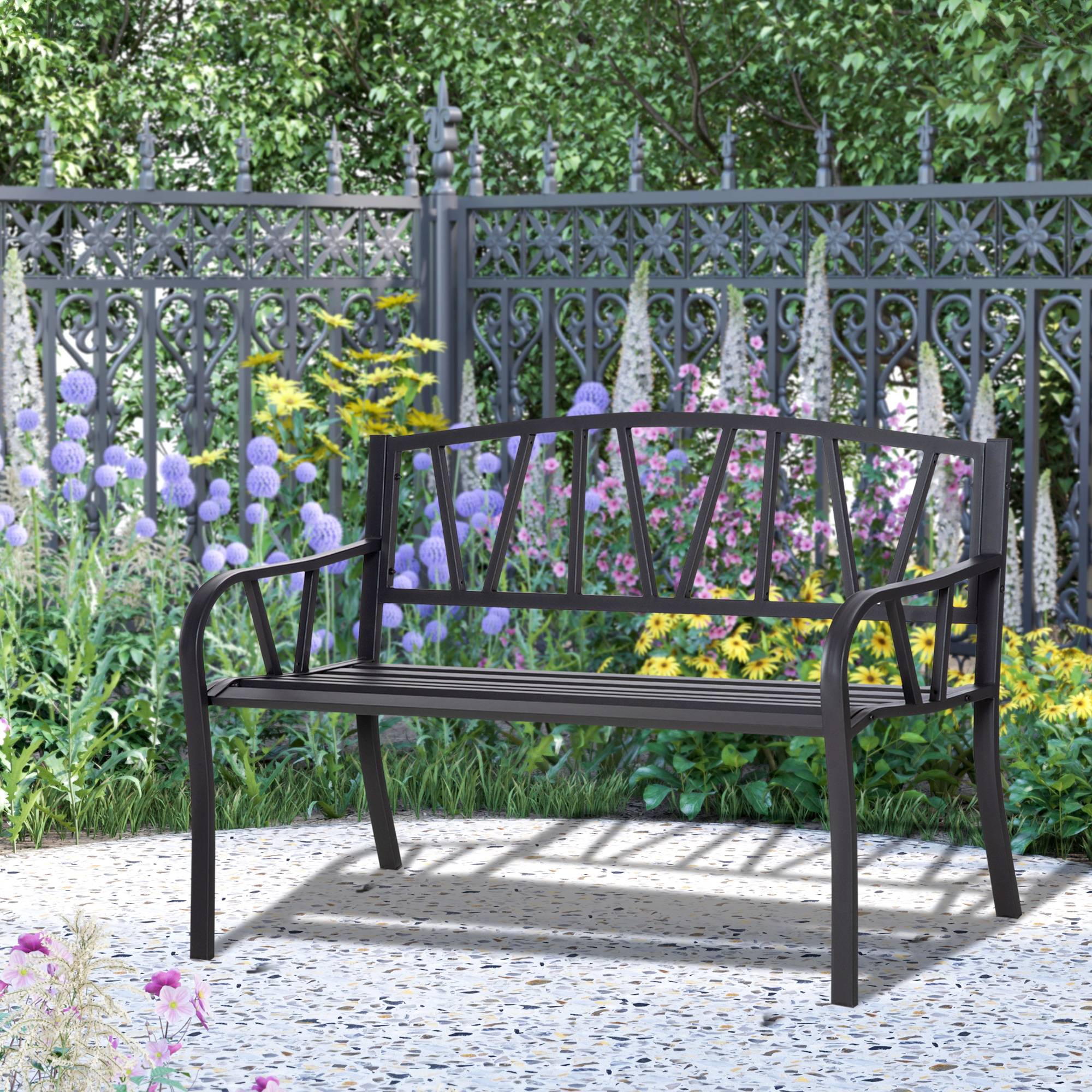Banc de jardin en métal noir imperméable, banc d'extérieur 2 places en fer, 128 x 56 x 86 cm - Image 4