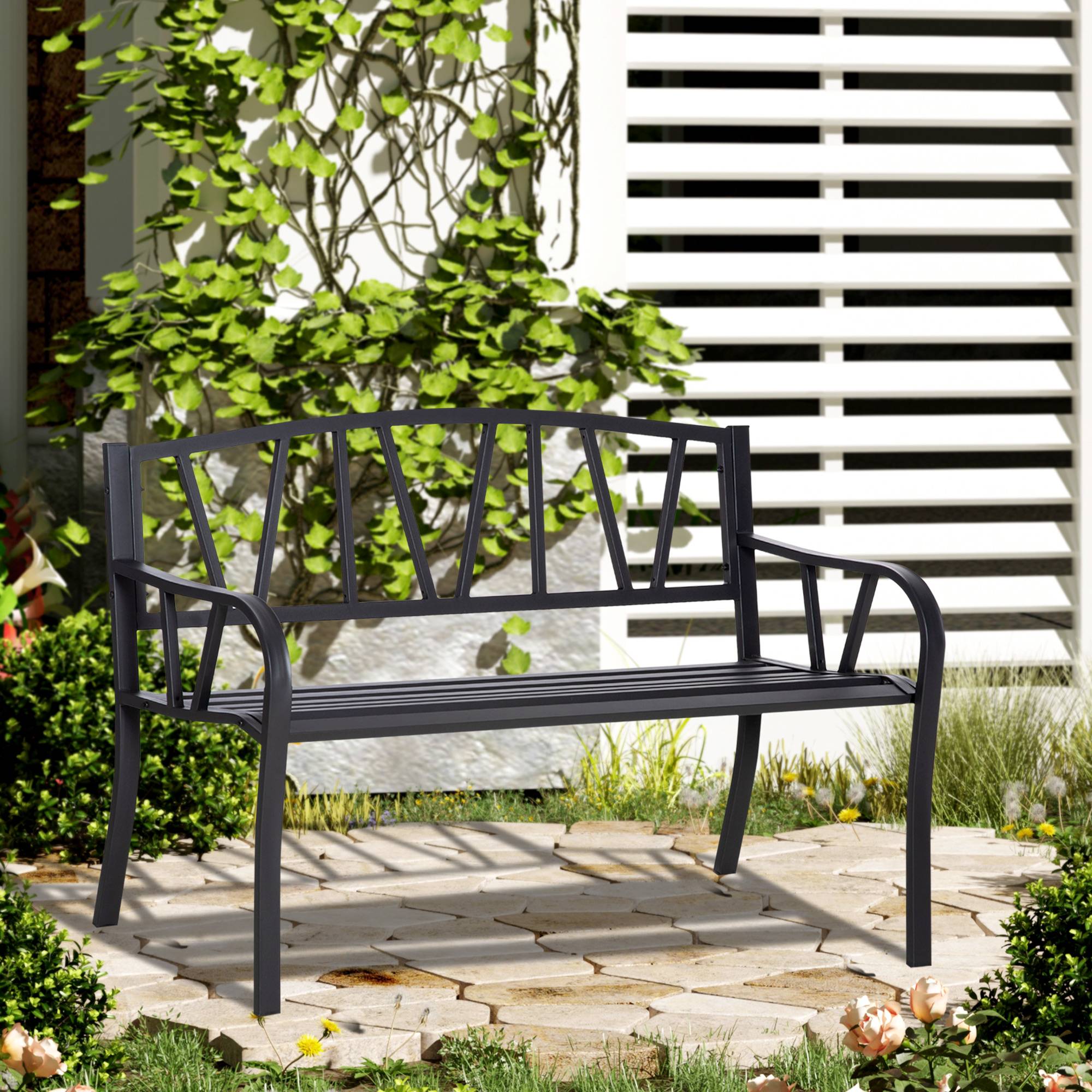 Banc de jardin en métal noir imperméable, banc d'extérieur 2 places en fer, 128 x 56 x 86 cm - Image 3