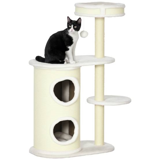 Arbre à chat avec griffoir, 1 panier et jouets pour chat, 59 cm x 35 cm x 100 cm, blanc crème - Image 1
