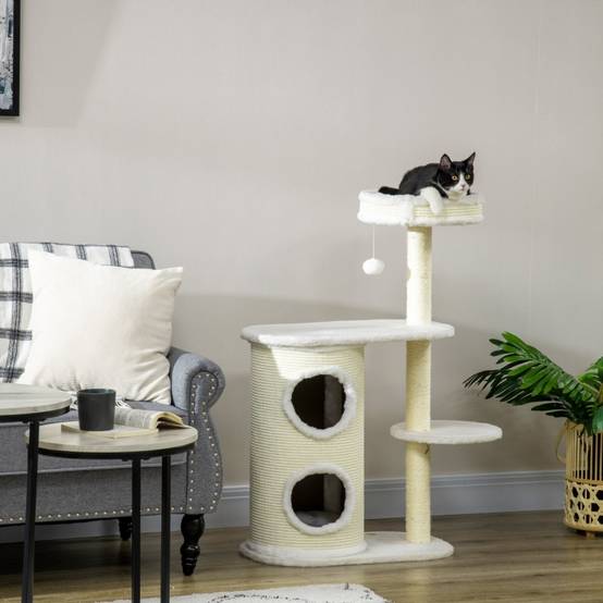 Arbre à chat avec griffoir, 1 panier et jouets pour chat, 59 cm x 35 cm x 100 cm, blanc crème - Image 8
