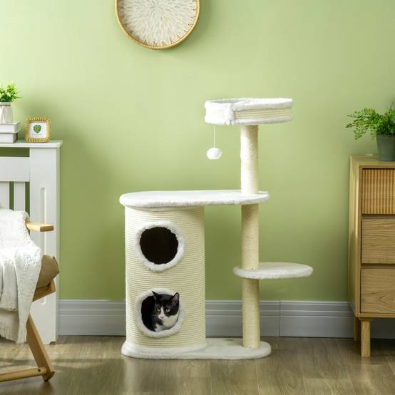 Arbre à chat avec griffoir, 1 panier et jouets pour chat, 59 cm x 35 cm x 100 cm, blanc crème - Image 7
