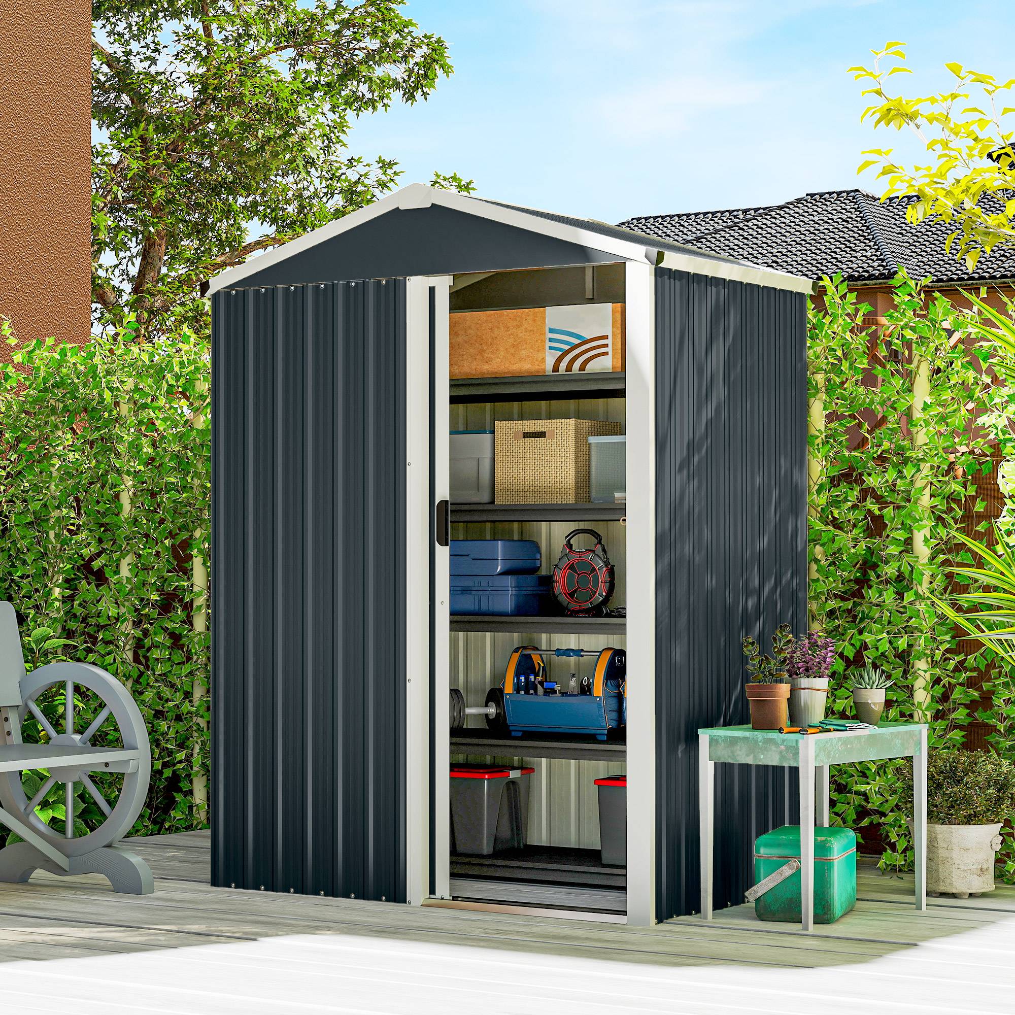 Abri de jardin en métal 1,2 m², cabane jardin extérieure, porte coulissante verrouillable et gants, 136x87x179cm, gris - Image 3