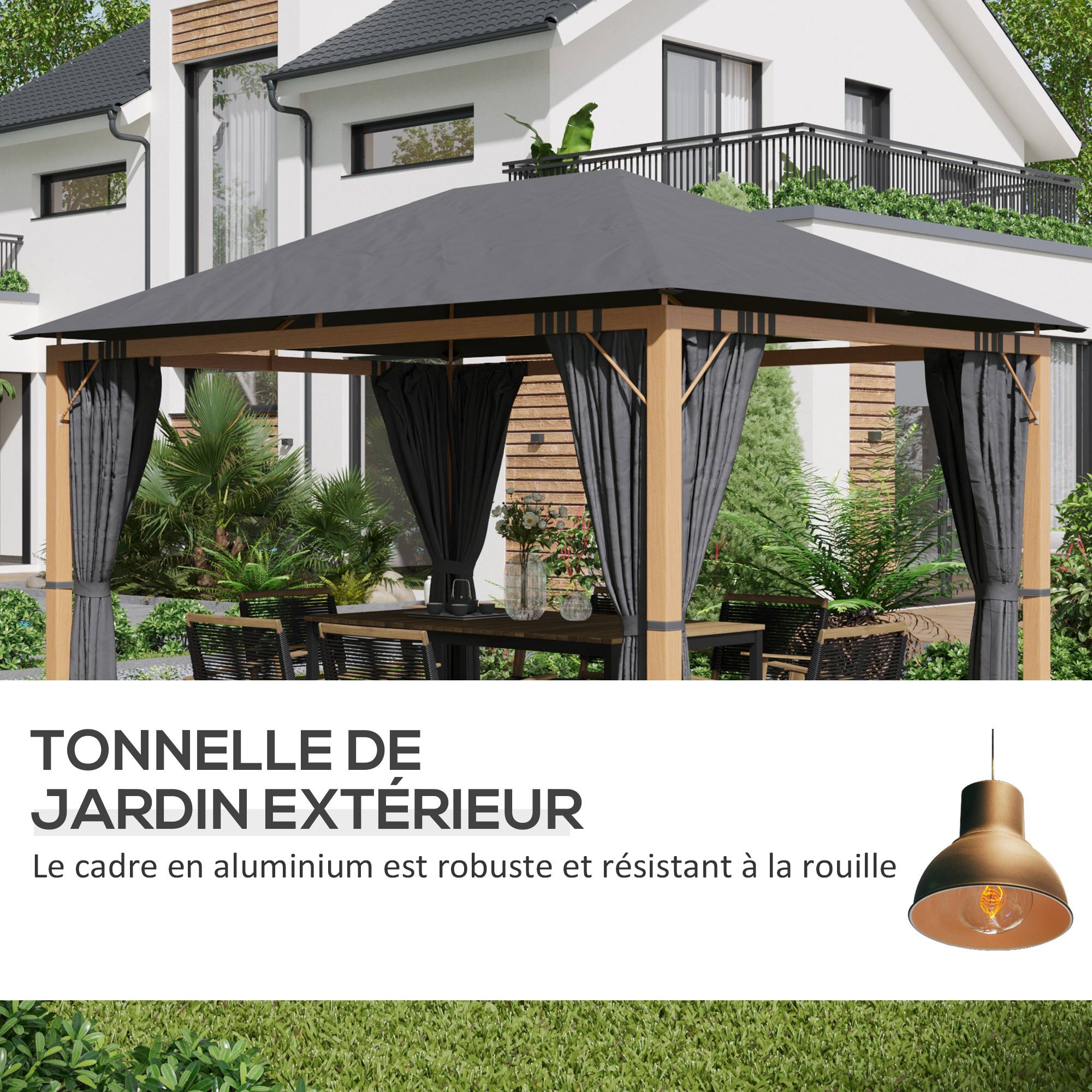 Outsunny - Tonnelle de jardin pavillon 4x3m avec rideaux toile de toit polyester protection solaire aluminium - Outsunny - Image 5