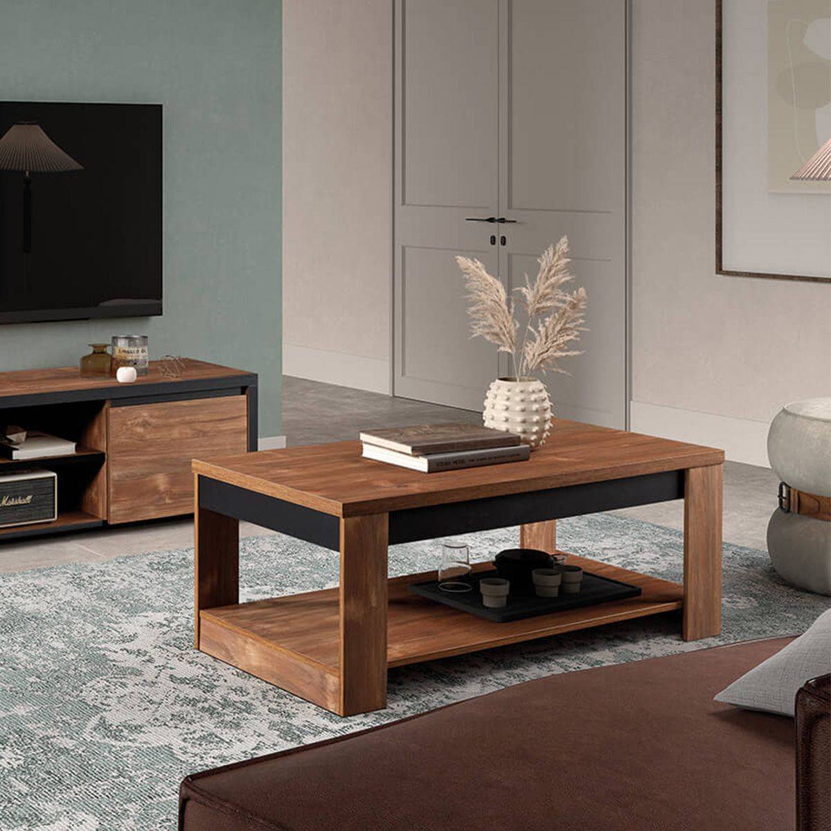 Table Basse En Manguier Massif 80x50x40 Cm - Marron Et Noir (Neuve)