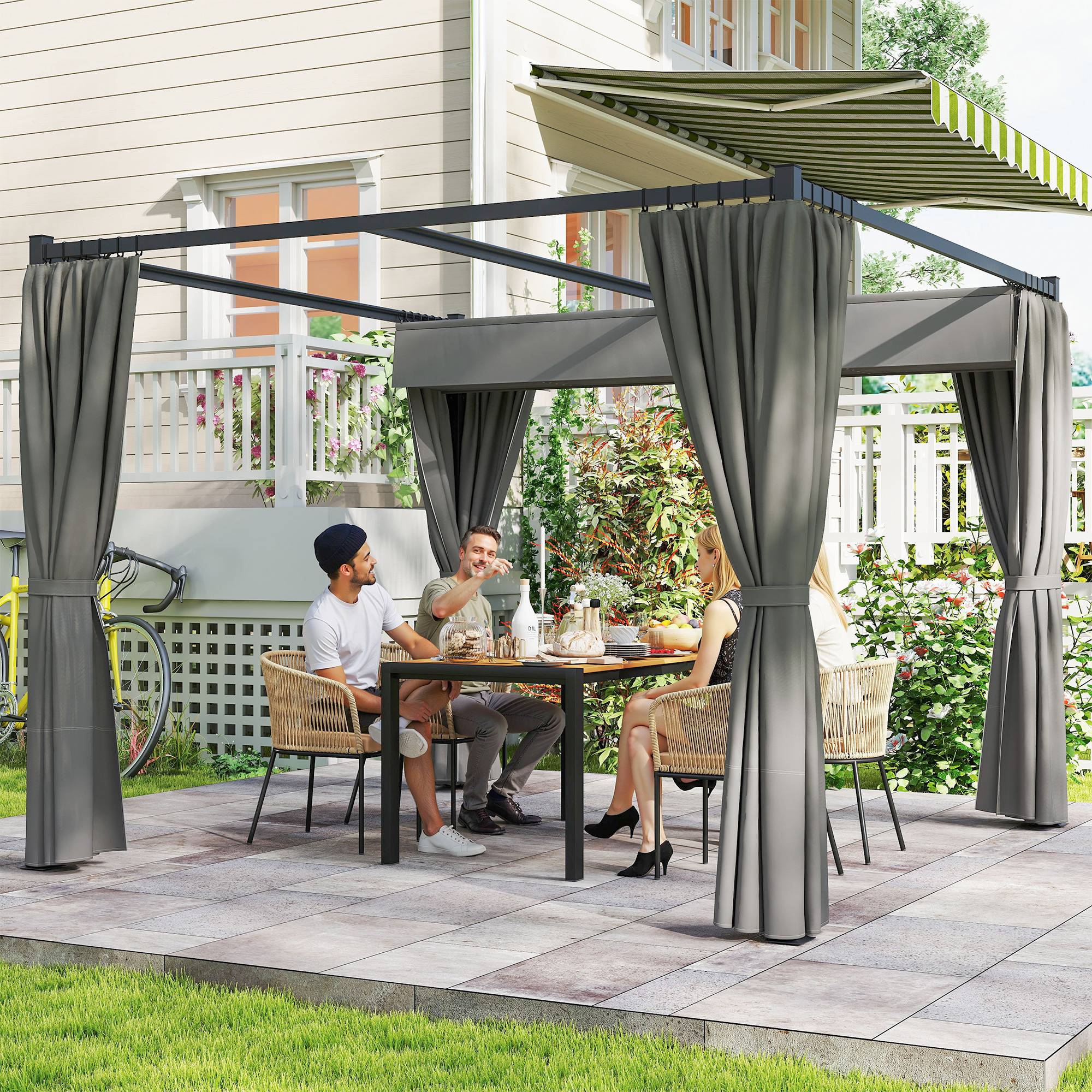 Pergola Métal Rétractable Rideaux Polyester Terrasse Jardin Protection 3x3m Gris Clair - ComfortXL Outdoor Living - Image 3