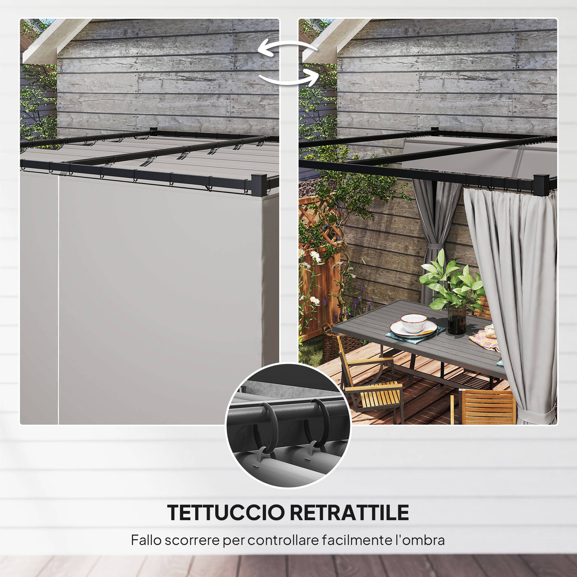 Pergola Métal Rétractable Rideaux Polyester Terrasse Jardin Protection 3x3m Gris Clair - ComfortXL Outdoor Living - Image 6