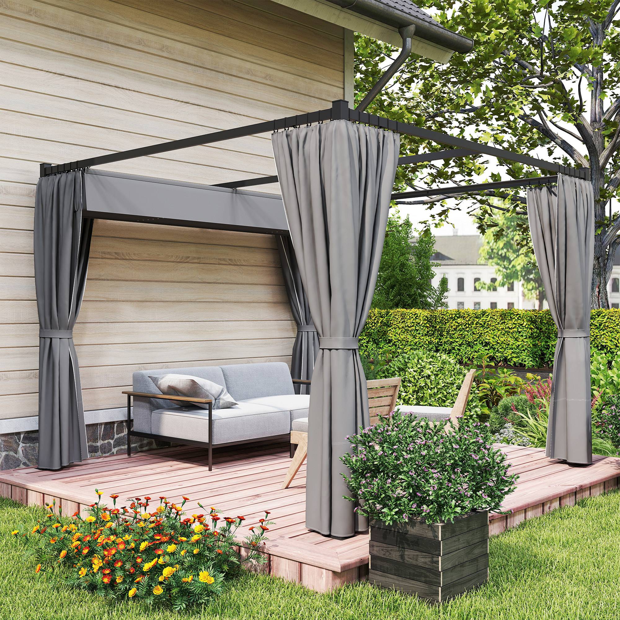 Pergola Métal Rétractable Rideaux Polyester Terrasse Jardin Protection 3x3m Gris Clair - ComfortXL Outdoor Living - Image 9