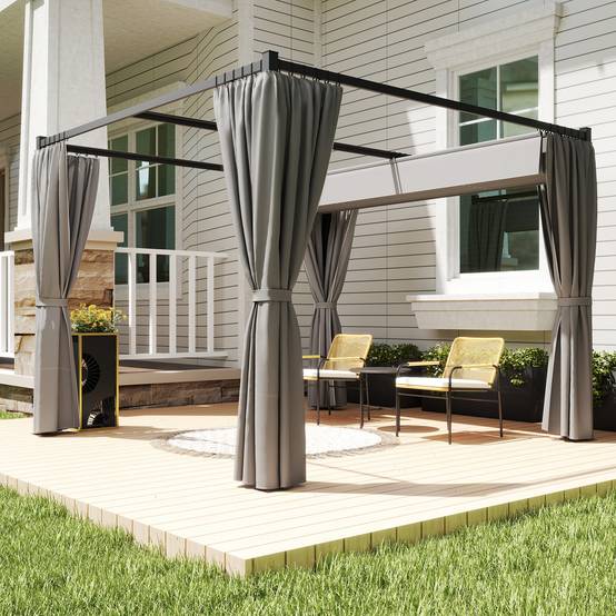 Pergola Métal Rétractable Rideaux Polyester Terrasse Jardin Protection 3x3m Gris Clair - ComfortXL Outdoor Living - Image 4