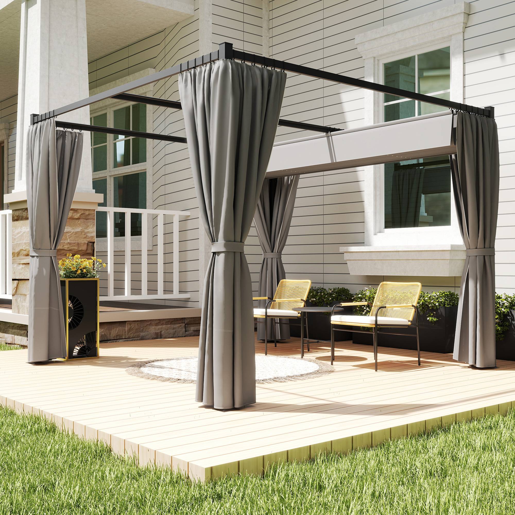 Pergola Métal Rétractable Rideaux Polyester Terrasse Jardin Protection 3x3m Gris Clair - ComfortXL Outdoor Living - Image 4