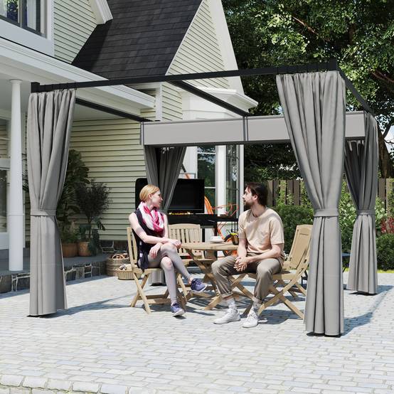 Pergola Métal Rétractable Rideaux Polyester Terrasse Jardin Protection 3x3m Gris Clair - ComfortXL Outdoor Living - Image 10