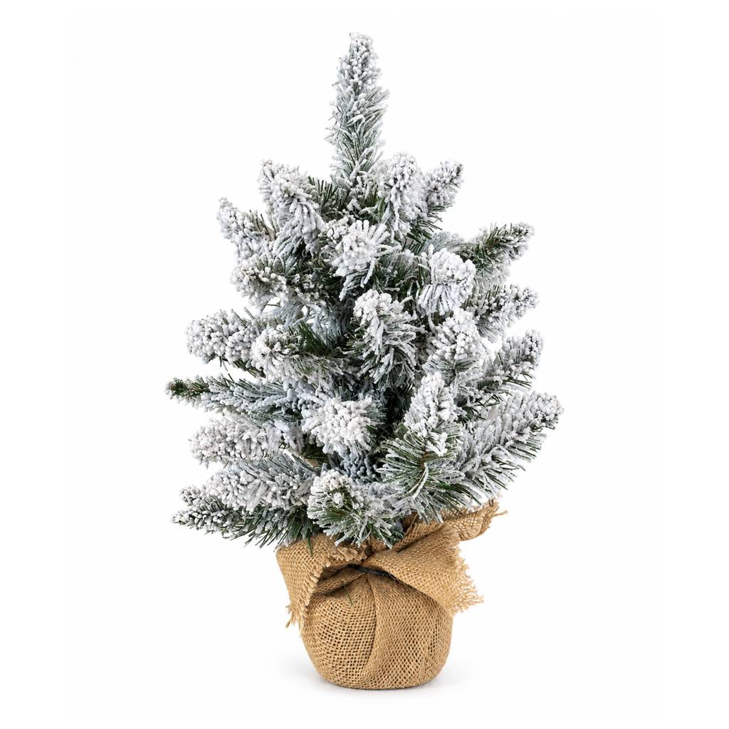Petit sapin de Noël artificiel de table enneigé 45 cm avec pot en jute - Frosted - Little Grove