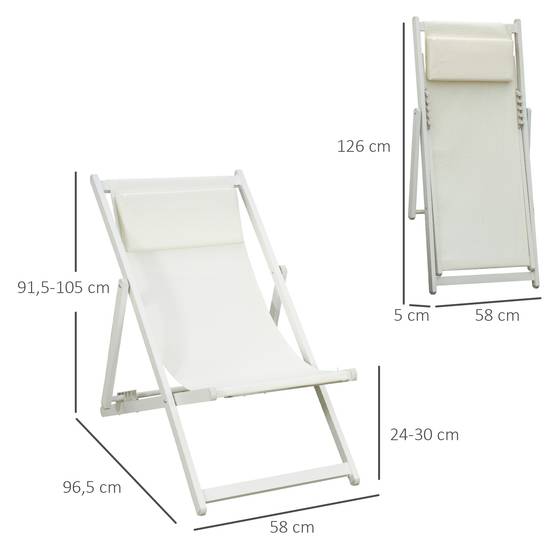 Sans Marque - Ensemble de 2 chaises longues pliantes en aluminium avec dossier et appui-tête réglables sur 5 positions, 60 x 100 x 85 cm, blanc - Image 4