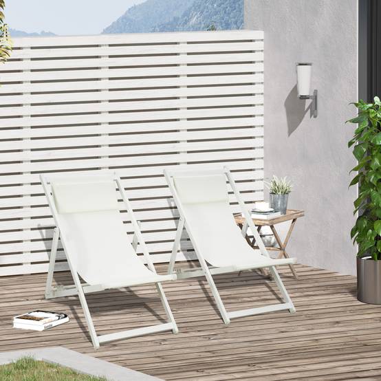 Sans Marque - Ensemble de 2 chaises longues pliantes en aluminium avec dossier et appui-tête réglables sur 5 positions, 60 x 100 x 85 cm, blanc - Image 2