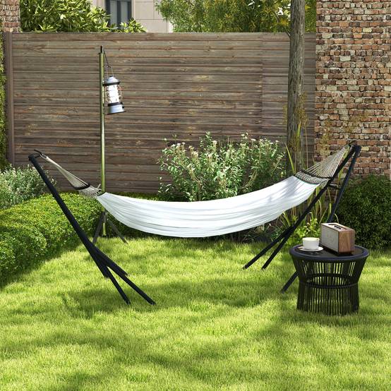Support hamac avec hamac inclus 263x89x100 cm, structure acier robuste et résistante, utilisation intérieur extérieur confortable noir blanc - Image 4