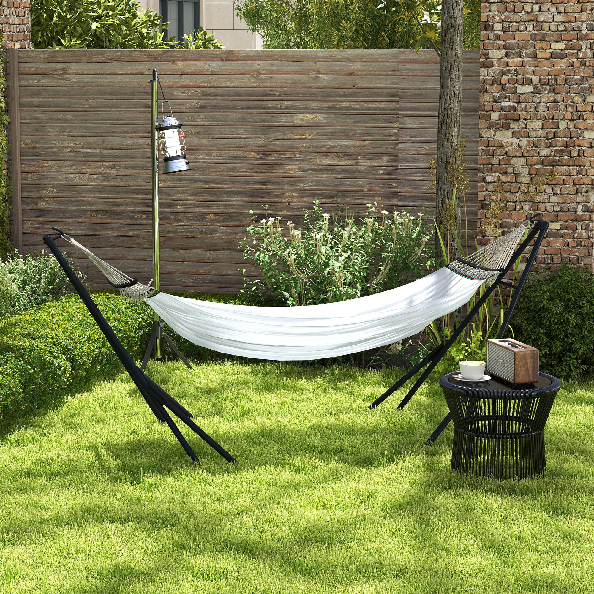 Support hamac avec hamac inclus 263x89x100 cm, structure acier robuste et résistante, utilisation intérieur extérieur confortable noir blanc - Image 4