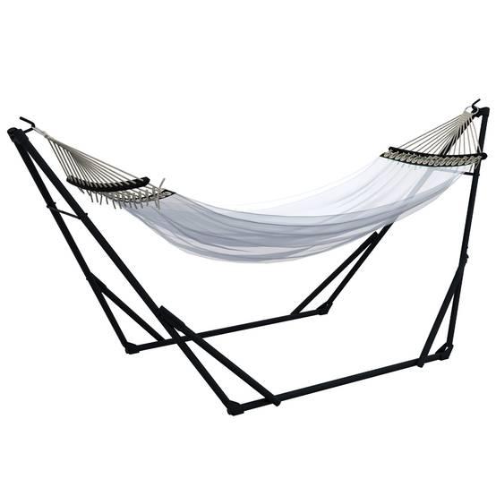 Support hamac avec hamac inclus 263x89x100 cm, structure acier robuste et résistante, utilisation intérieur extérieur confortable noir blanc - Image 2