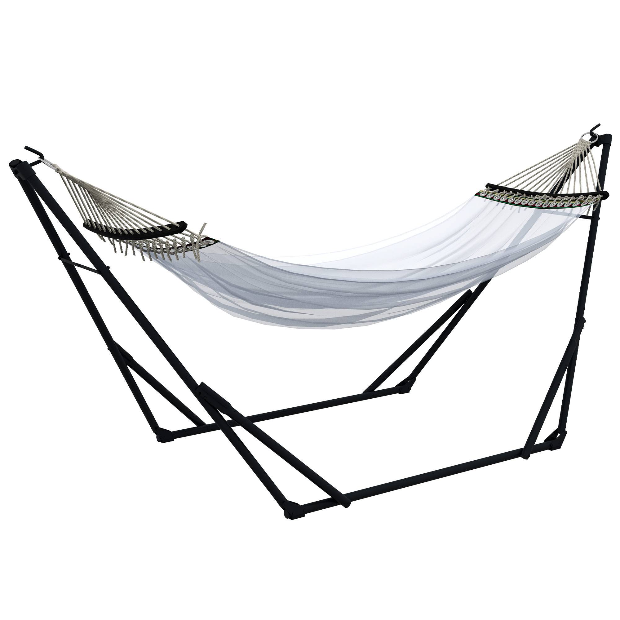 Support hamac avec hamac inclus 263x89x100 cm, structure acier robuste et résistante, utilisation intérieur extérieur confortable noir blanc - Image 2