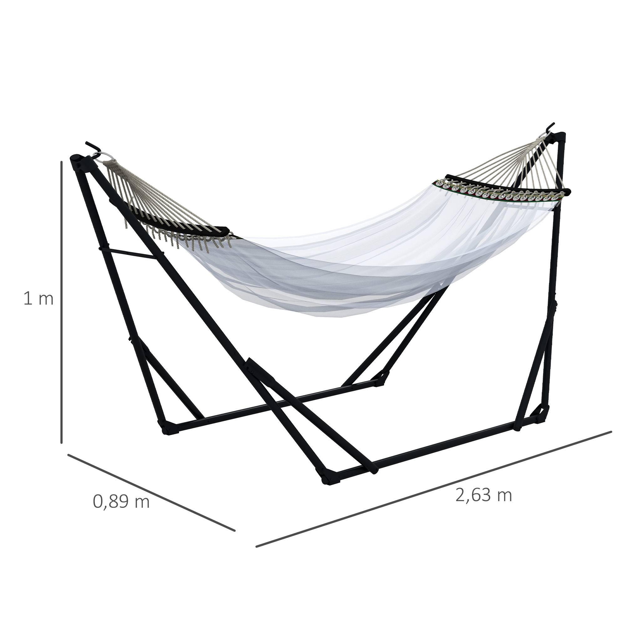 Support hamac avec hamac inclus 263x89x100 cm, structure acier robuste et résistante, utilisation intérieur extérieur confortable noir blanc - Image 5