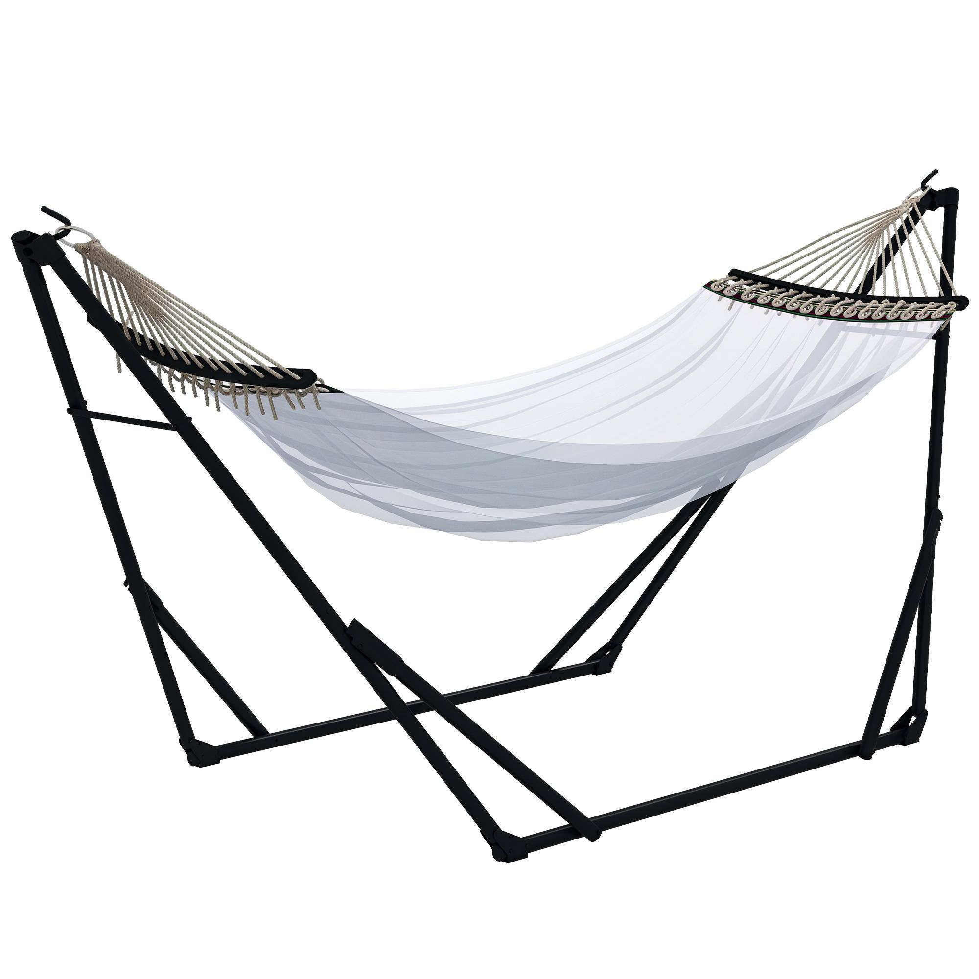 Support hamac avec hamac inclus 263x89x100 cm, structure acier robuste et résistante, utilisation intérieur extérieur confortable noir blanc - Image 1