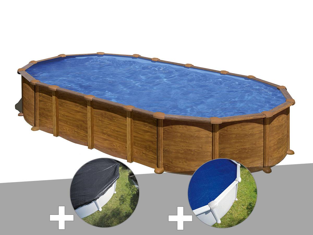 Gré - Kit piscine acier aspect bois Gré Amazonia ovale 7,44 x 3,99 x 1,32 m + Bâche d'hivernage + Bâche à bulles