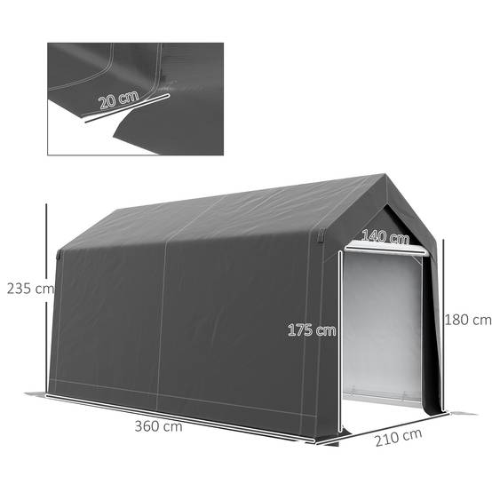 Tente de rangement 2,1x3,6x2,35m aluminium hydrofuge anti-UV gris foncé, porte zippée pour moto et outils - Image 3