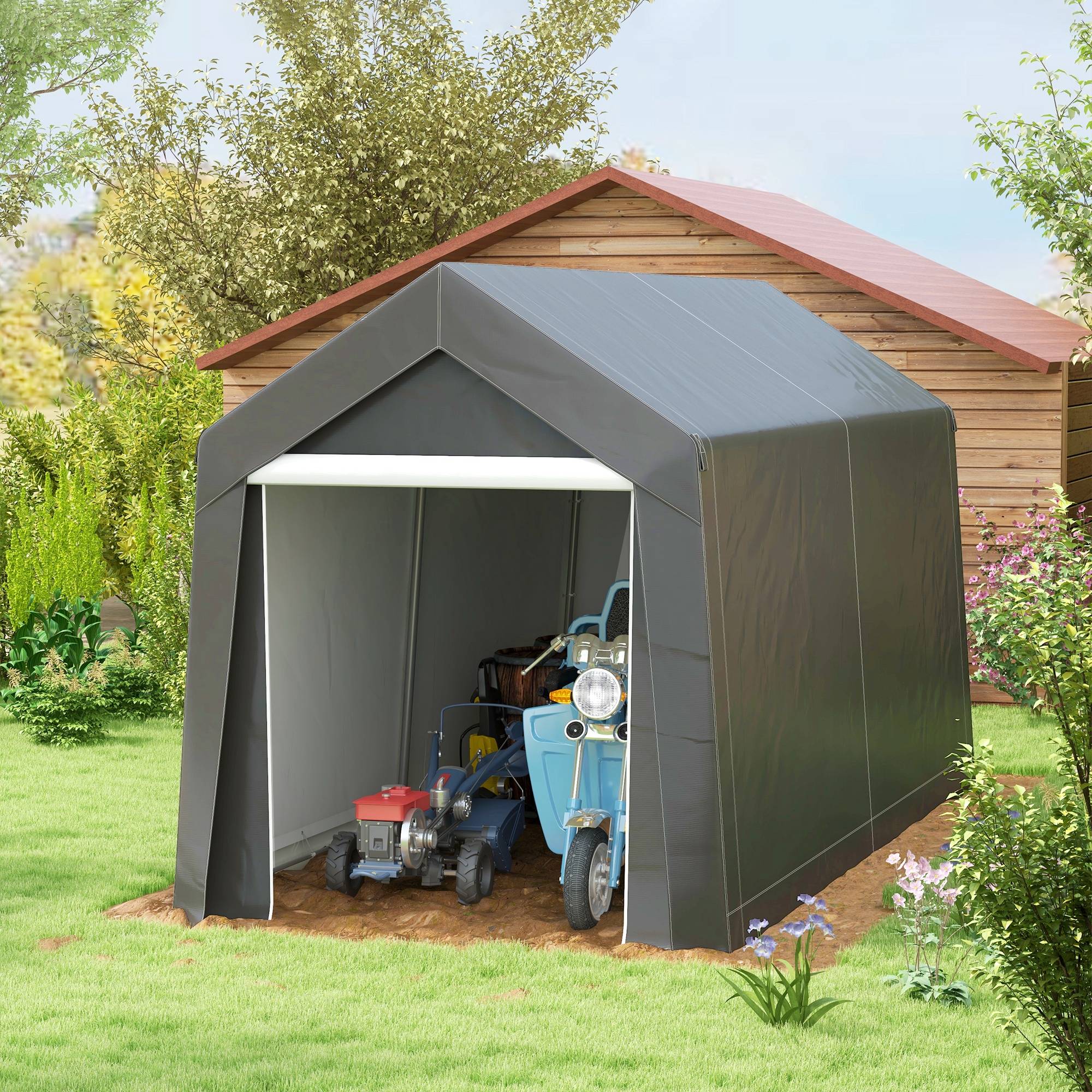 Tente de rangement 2,1x3,6x2,35m aluminium hydrofuge anti-UV gris foncé, porte zippée pour moto et outils - Image 2