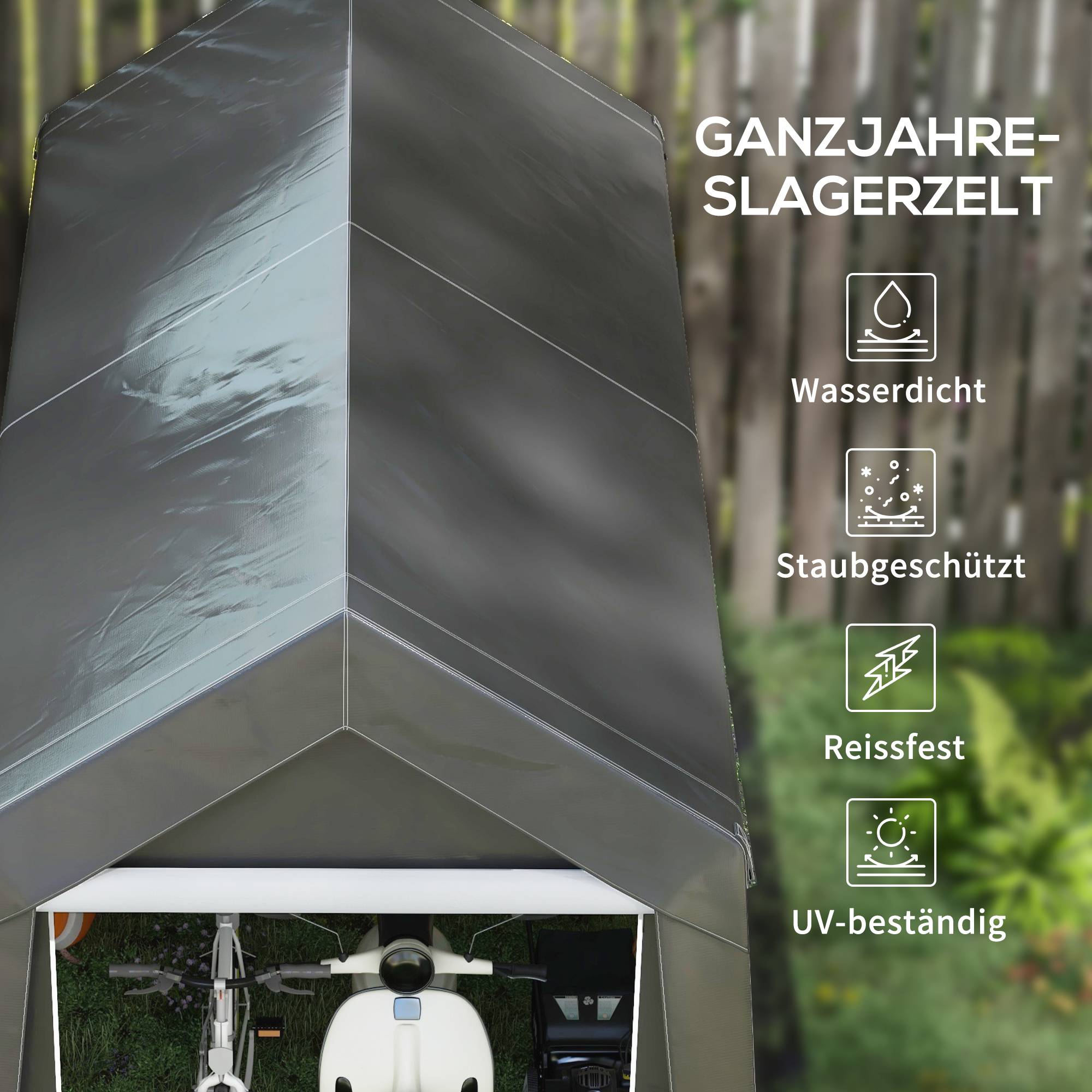 Tente de rangement 2,1x3,6x2,35m aluminium hydrofuge anti-UV gris foncé, porte zippée pour moto et outils - Image 4