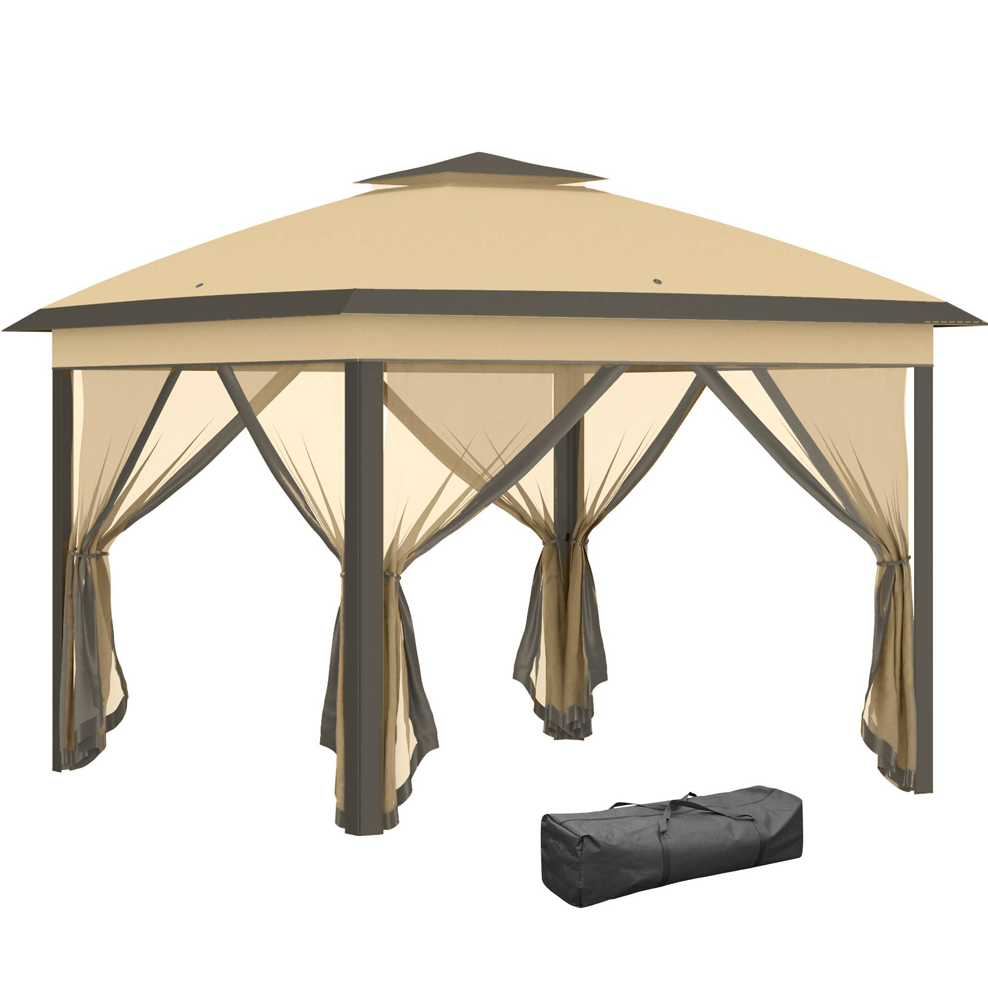 Outsunny - Tonnelle de jardin 3,3x3,3m pliable double toit 4 moustiquaires zippées amovibles sac transport tissu Oxford métal beige marron - Outsunny - Image 1