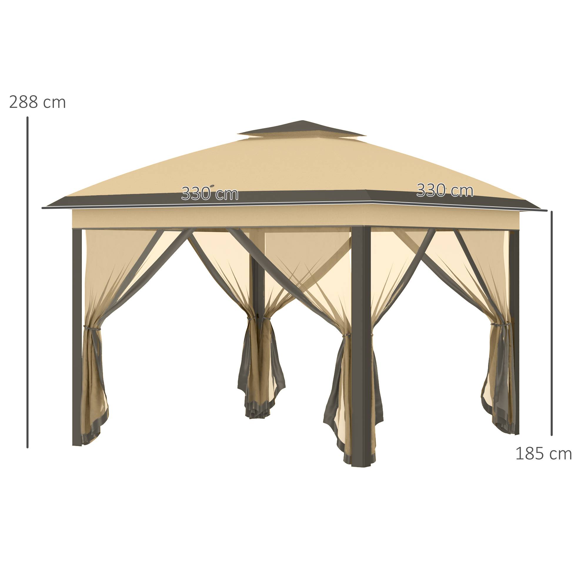 Outsunny - Tonnelle de jardin 3,3x3,3m pliable double toit 4 moustiquaires zippées amovibles sac transport tissu Oxford métal beige marron - Outsunny - Image 3