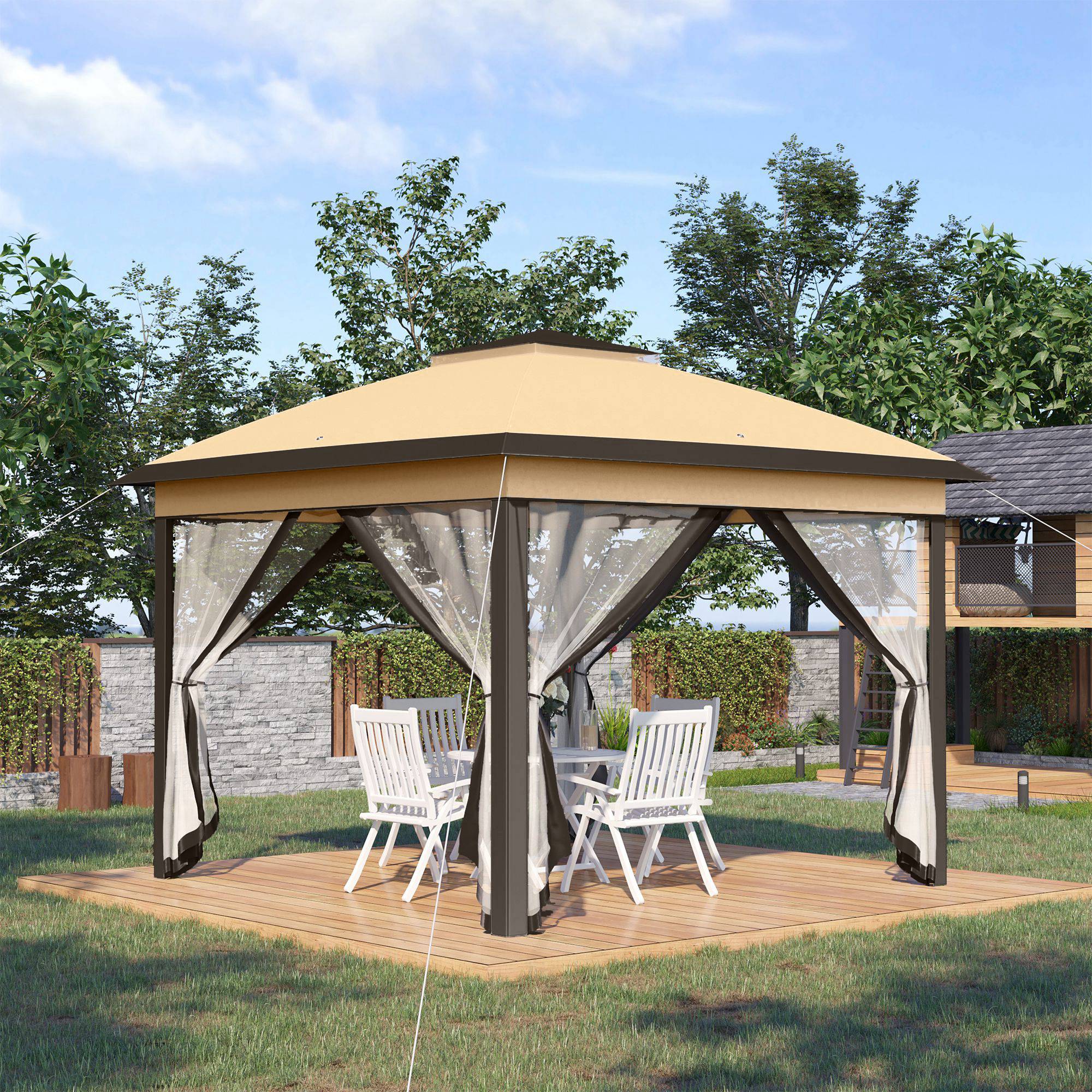Outsunny - Tonnelle de jardin 3,3x3,3m pliable double toit 4 moustiquaires zippées amovibles sac transport tissu Oxford métal beige marron - Outsunny - Image 2