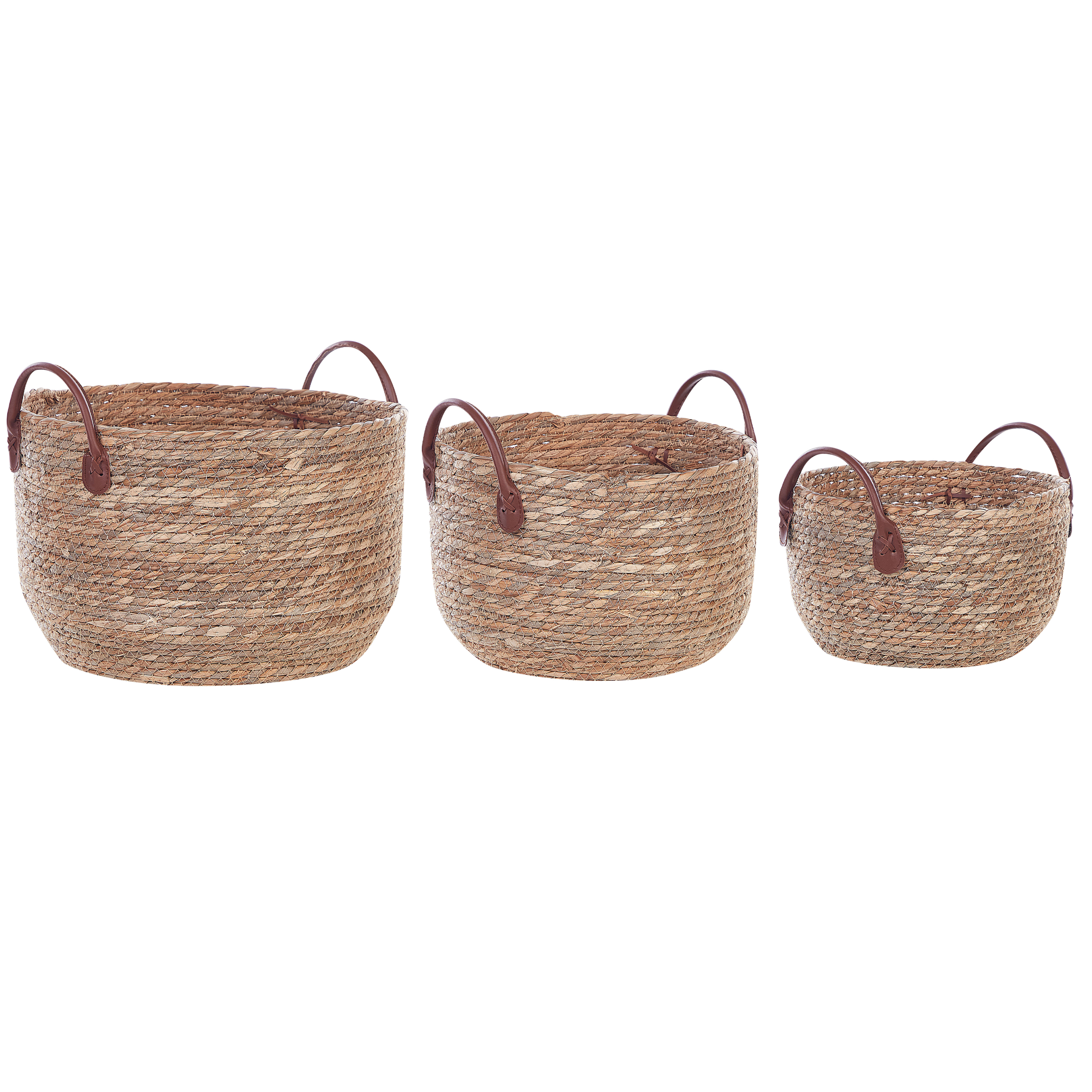 Lot de 3 Paniers de Rangement en Herbier Marin Naturel avec Poignées en Cuir PU Panier à Linge Style Boho - Image 1