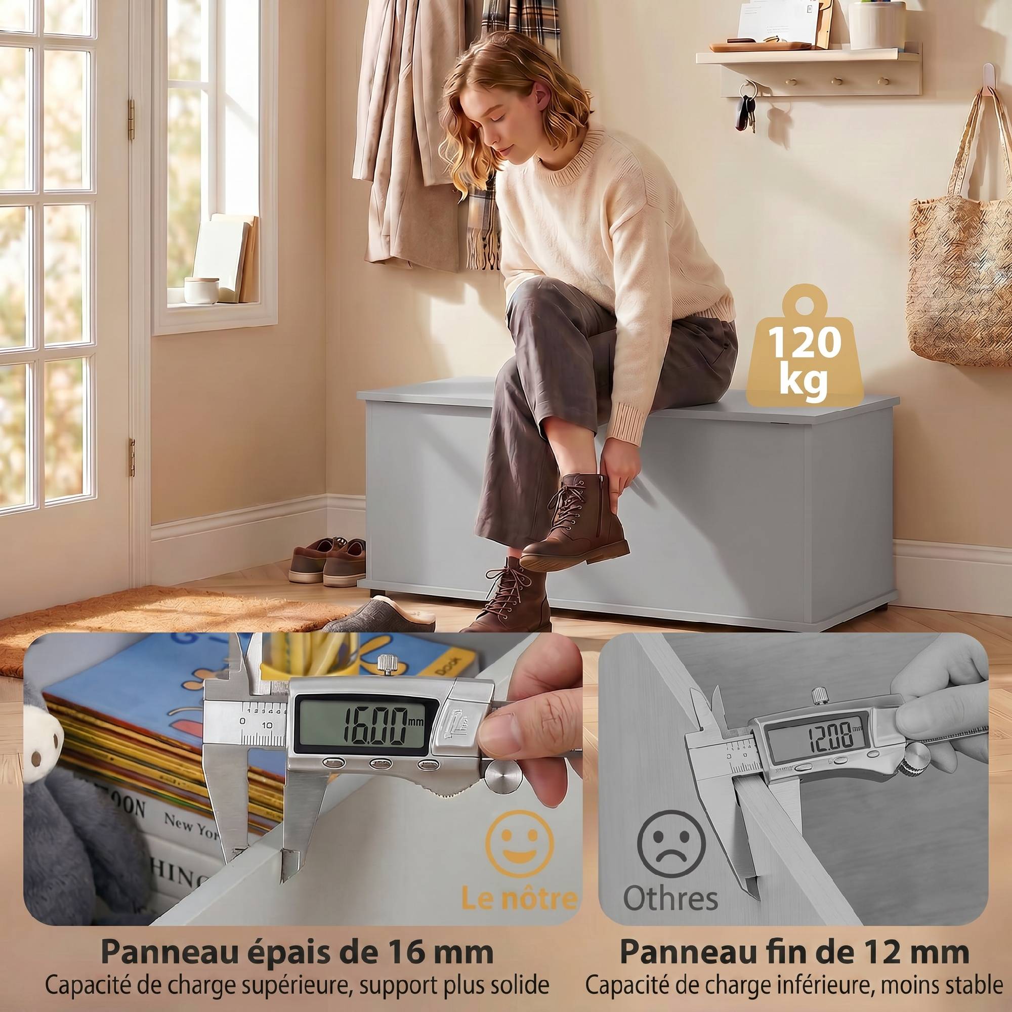 Sans Marque - Coffre de rangement, banc de rangement avec couvercle rabattable et charnières de sécurité, 100 x 40 x 40 cm, gris - Image 8