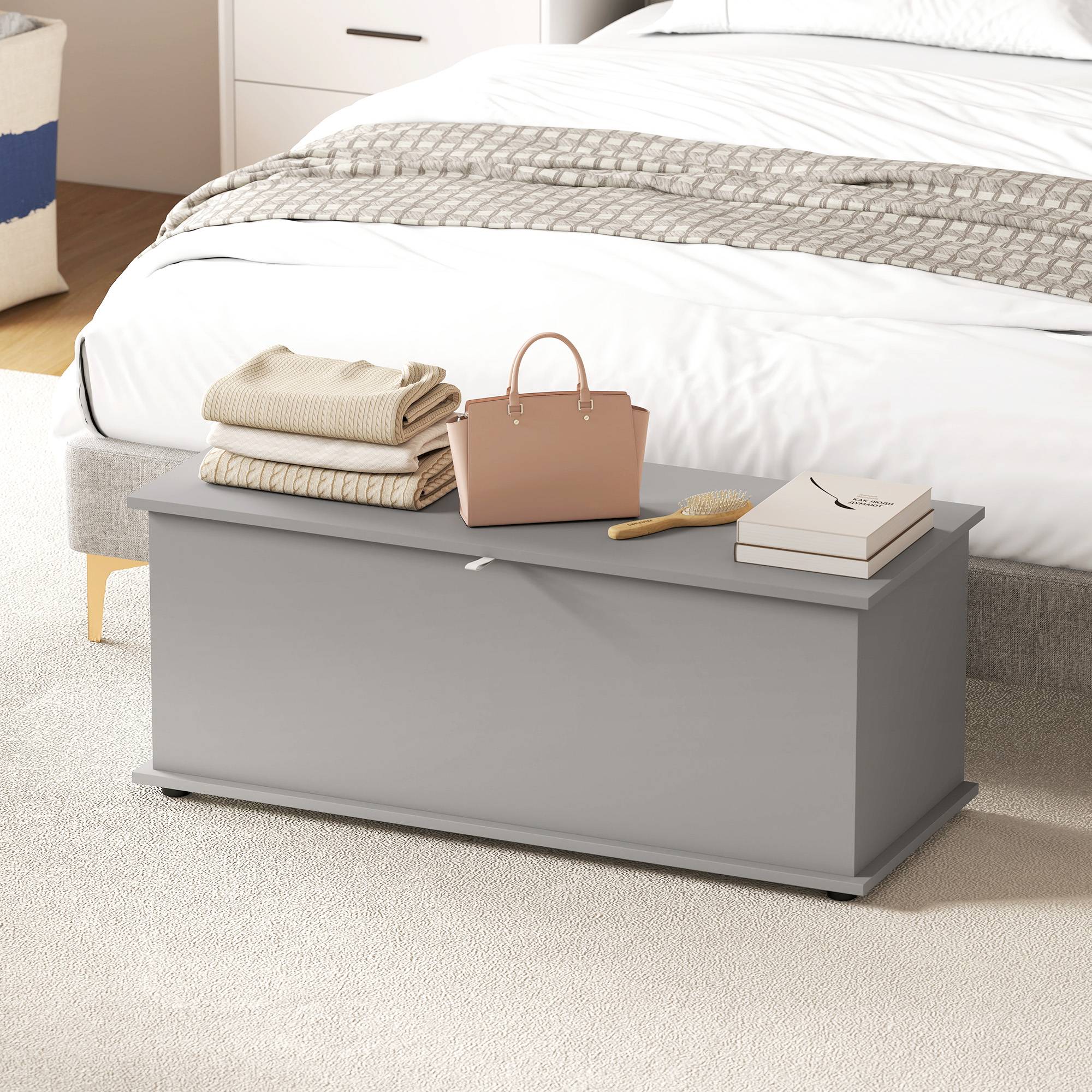 Sans Marque - Coffre de rangement, banc de rangement avec couvercle rabattable et charnières de sécurité, 100 x 40 x 40 cm, gris - Image 10