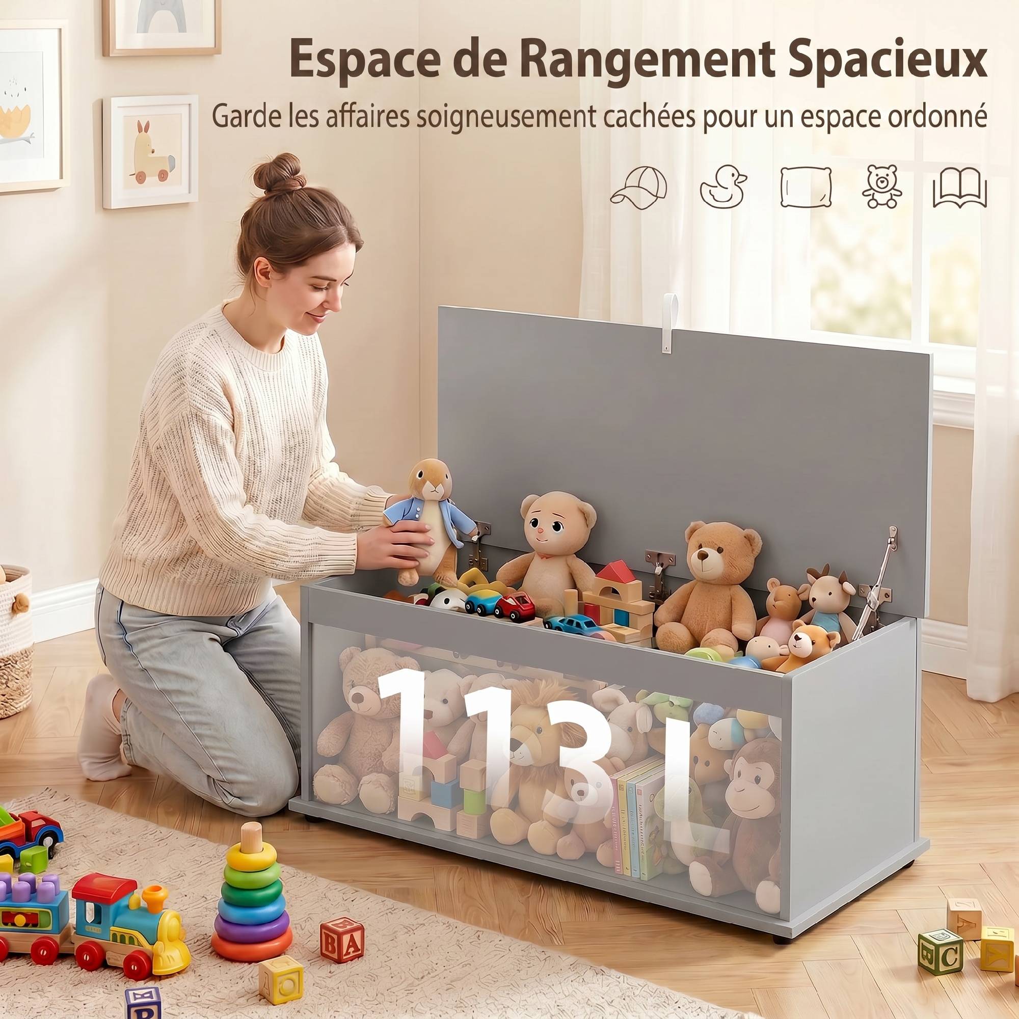 Sans Marque - Coffre de rangement, banc de rangement avec couvercle rabattable et charnières de sécurité, 100 x 40 x 40 cm, gris - Image 6