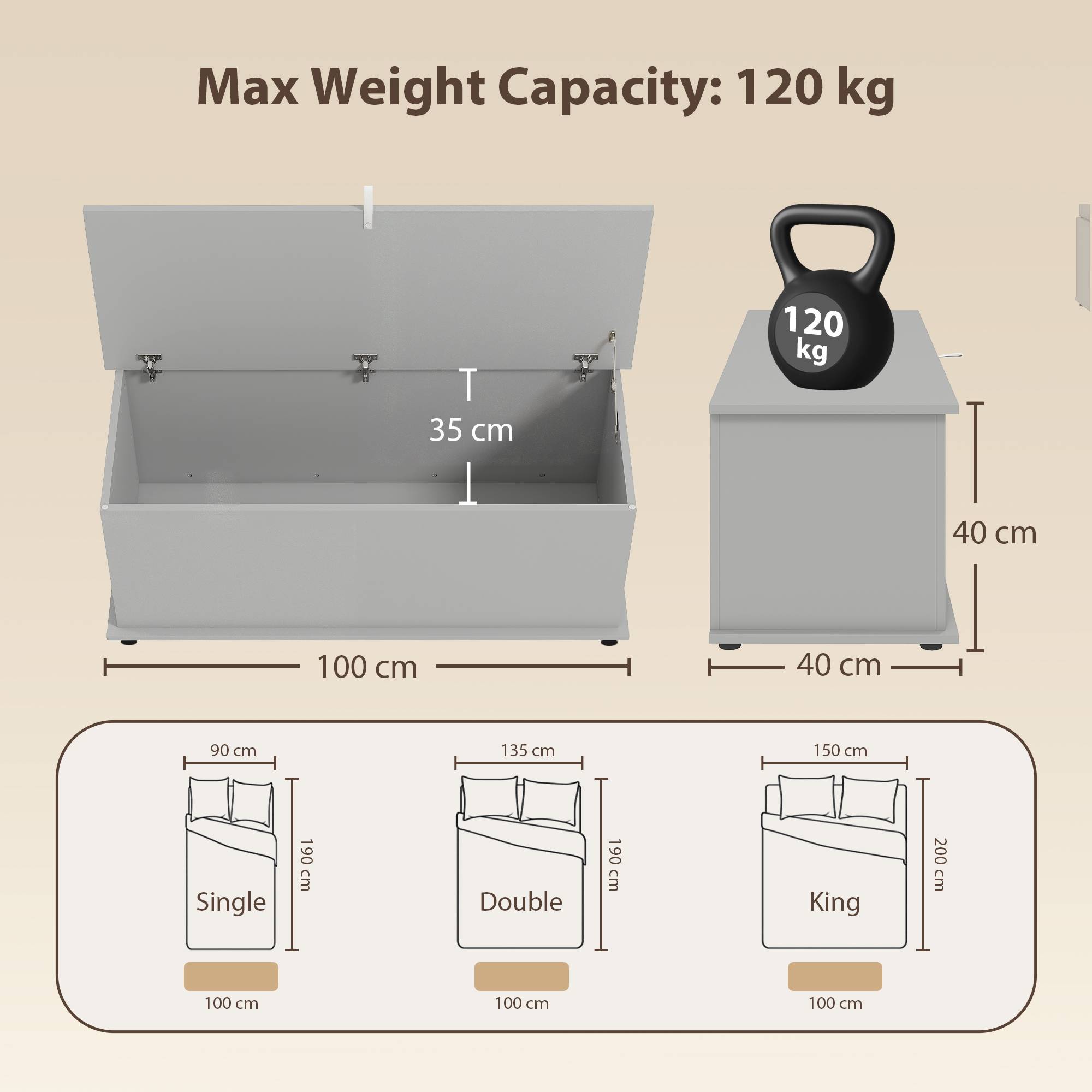 Sans Marque - Coffre de rangement, banc de rangement avec couvercle rabattable et charnières de sécurité, 100 x 40 x 40 cm, gris - Image 5