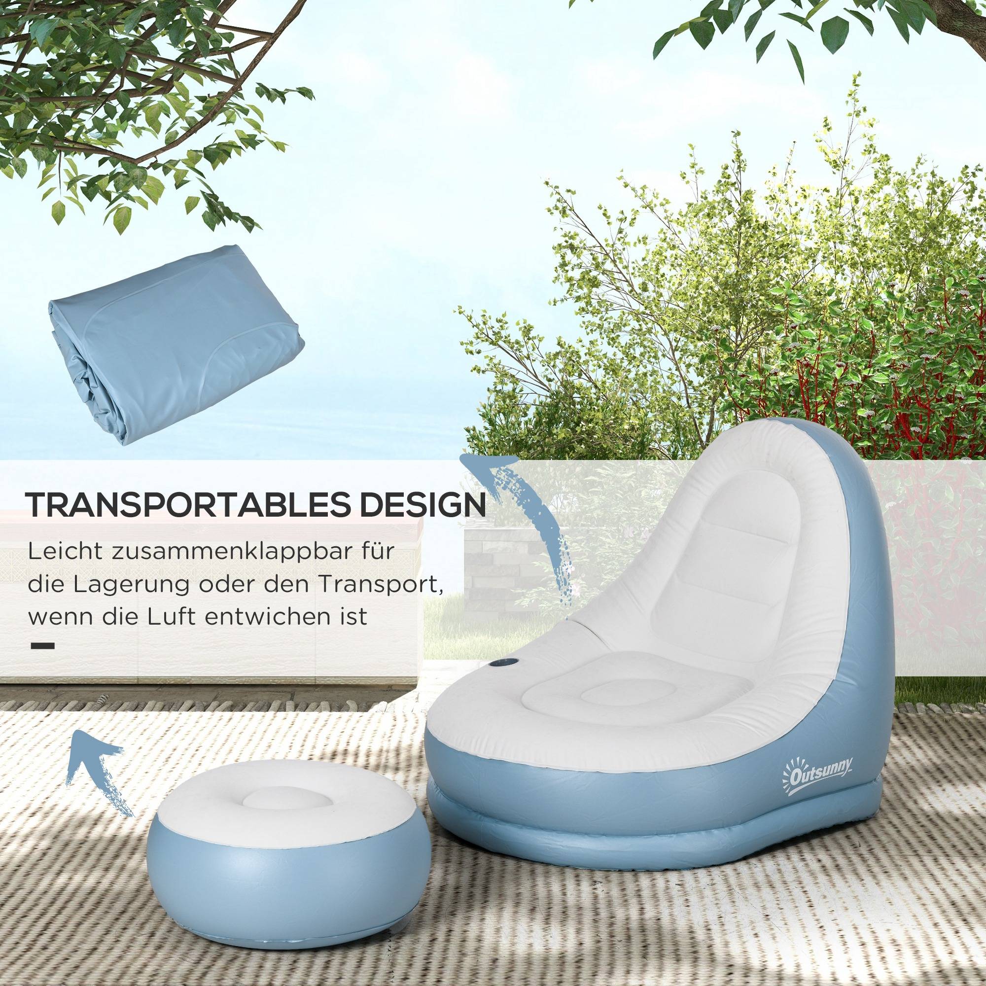 Fauteuil gonflable en plastique pour camping avec repose-pieds 125x100cm Blanc/Bleu - ComfortXL Outdoor Living - Image 8