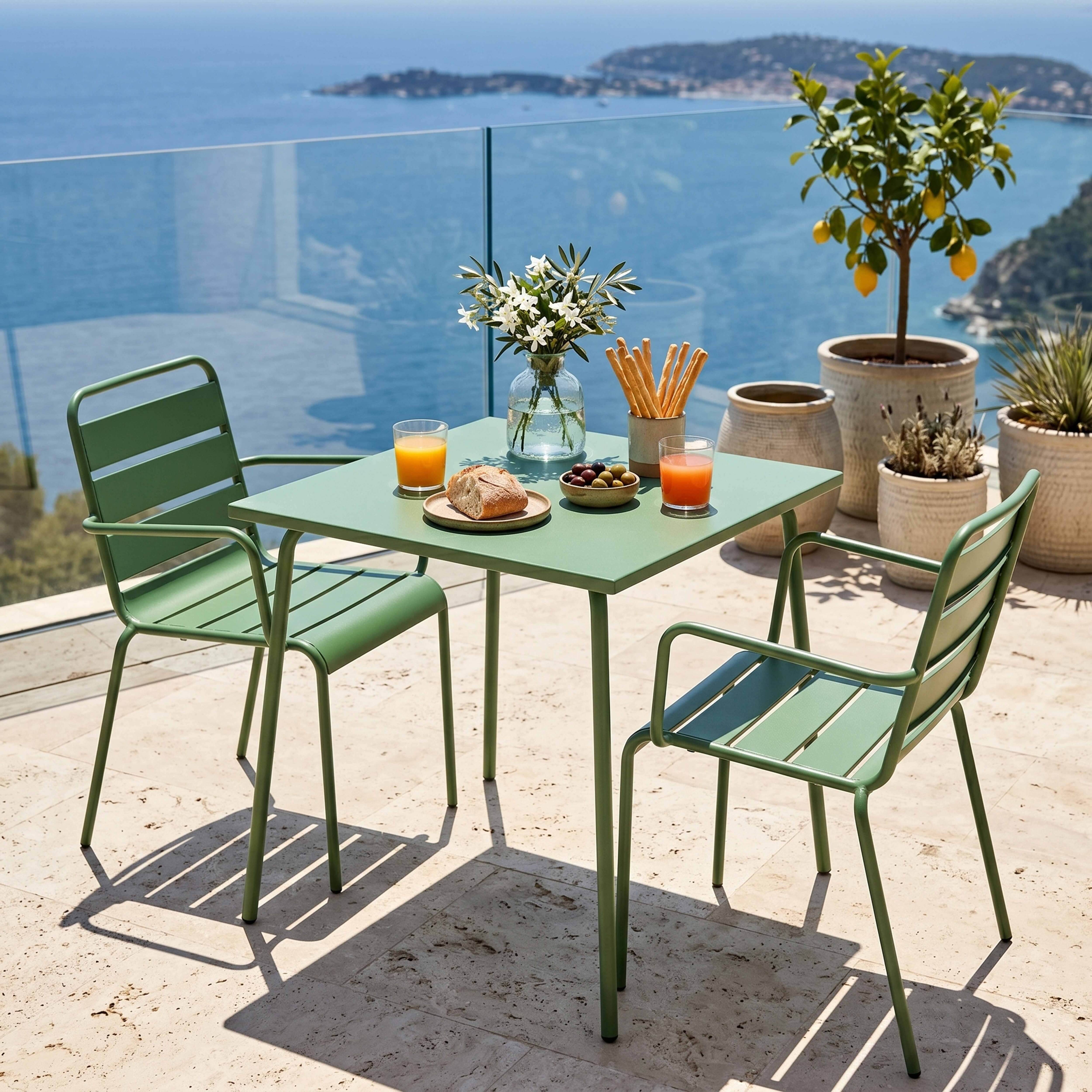 Oviala - Ensemble table de jardin carrée et 2 fauteuils acier vert cactus Palavas - Oviala - Imagen 2