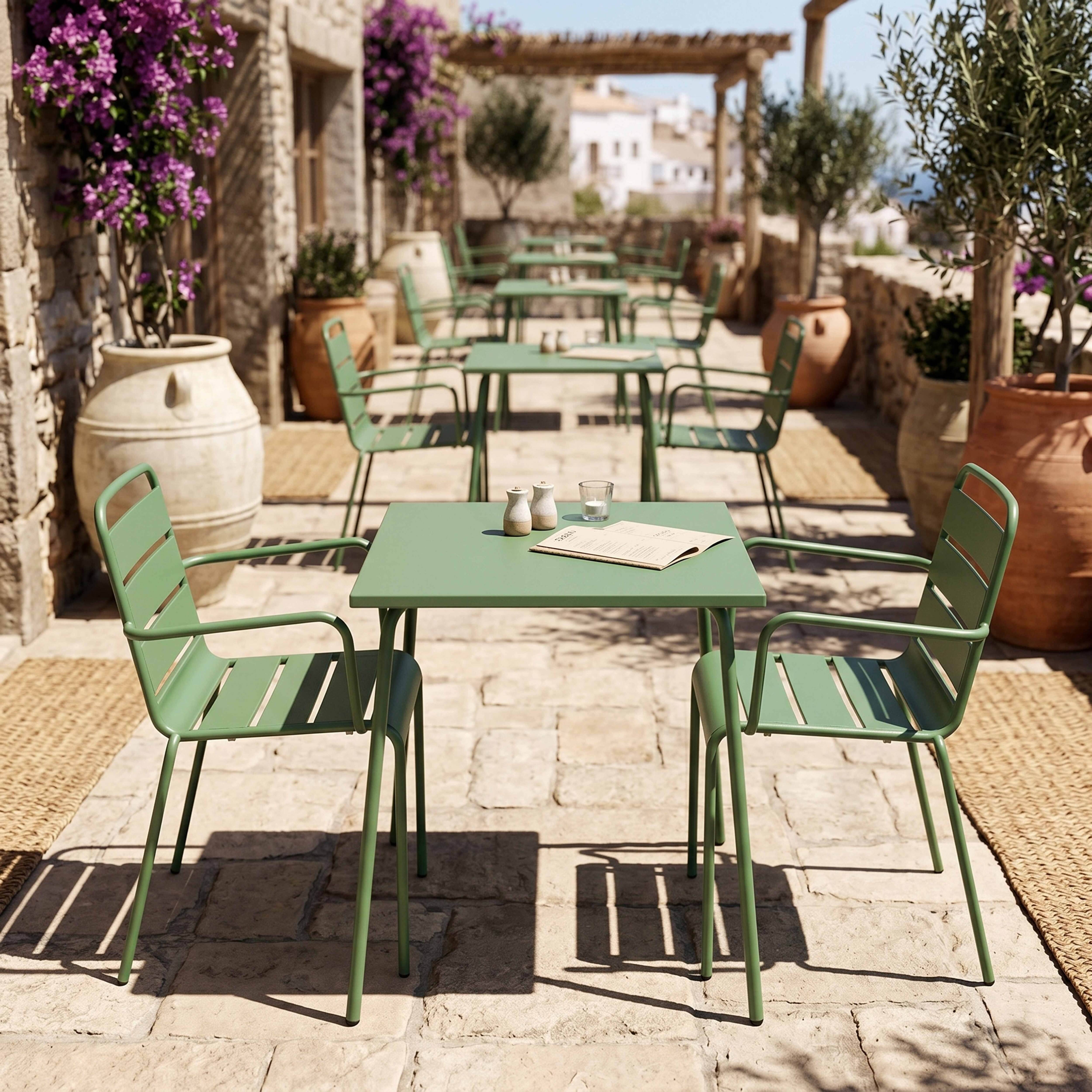 Oviala - Ensemble table de jardin carrée et 2 fauteuils acier vert cactus Palavas - Oviala - Imagen 4