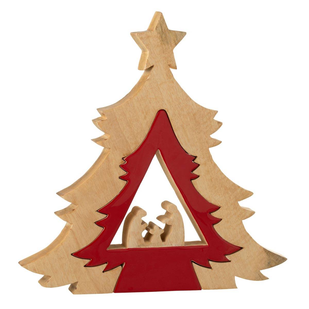 J-Line - Crèche Sapin en Bois "Étoile" 41cm Rouge & Naturel