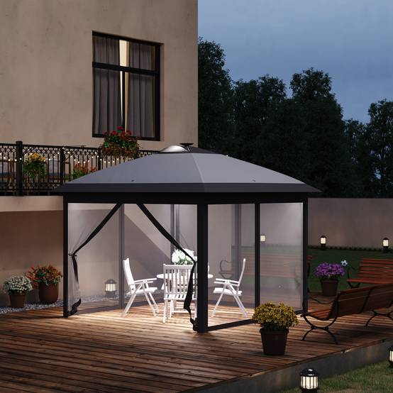 Tonnelle pliante en métal pour fêtes avec éclairage LED solaire et rideaux 3,3x3,3m Gris - ComfortXL Outdoor Living - Image 3