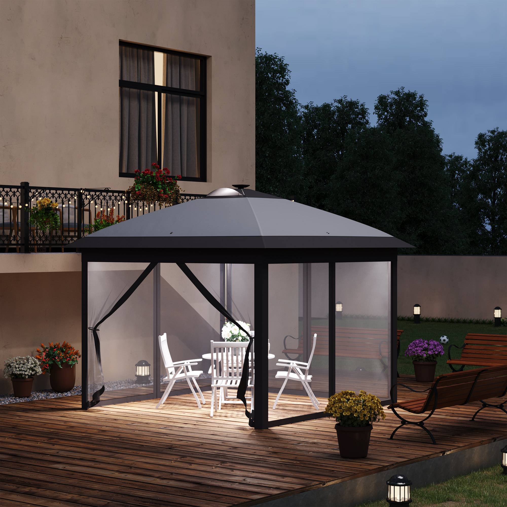 Tonnelle pliante en métal pour fêtes avec éclairage LED solaire et rideaux 3,3x3,3m Gris - ComfortXL Outdoor Living - Image 3