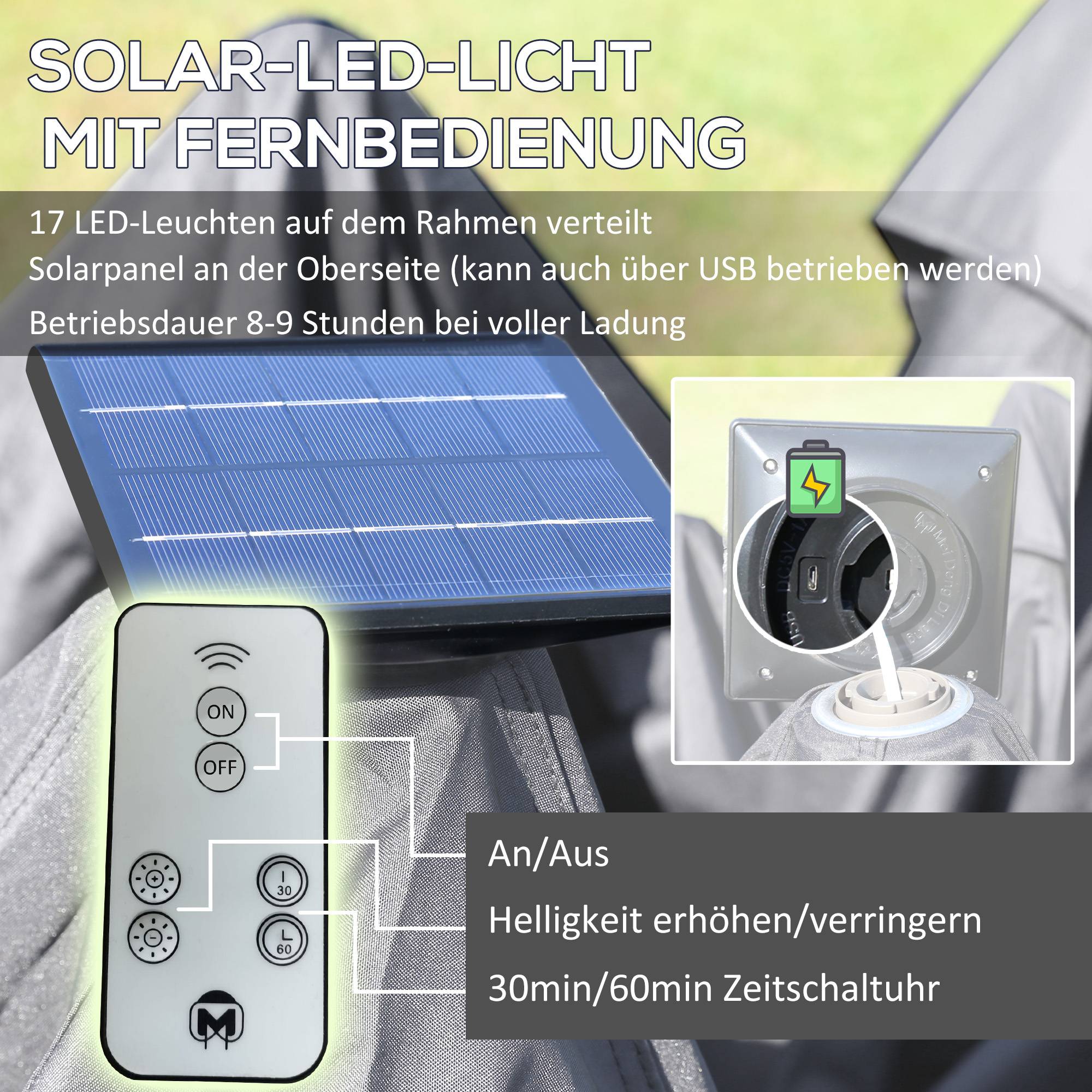 Tonnelle pliante en métal pour fêtes avec éclairage LED solaire et rideaux 3,3x3,3m Gris - ComfortXL Outdoor Living - Image 5