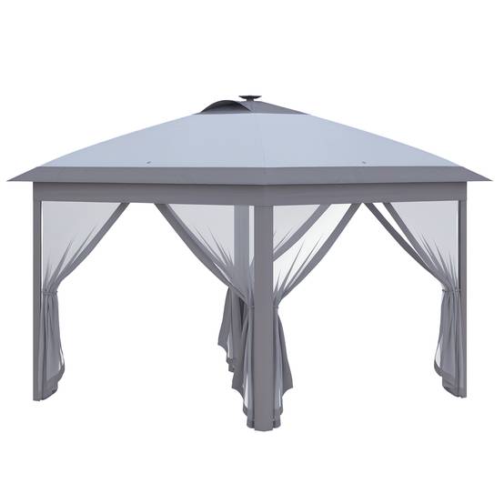 Tonnelle pliante en métal pour fêtes avec éclairage LED solaire et rideaux 3,3x3,3m Gris - ComfortXL Outdoor Living - Image 1