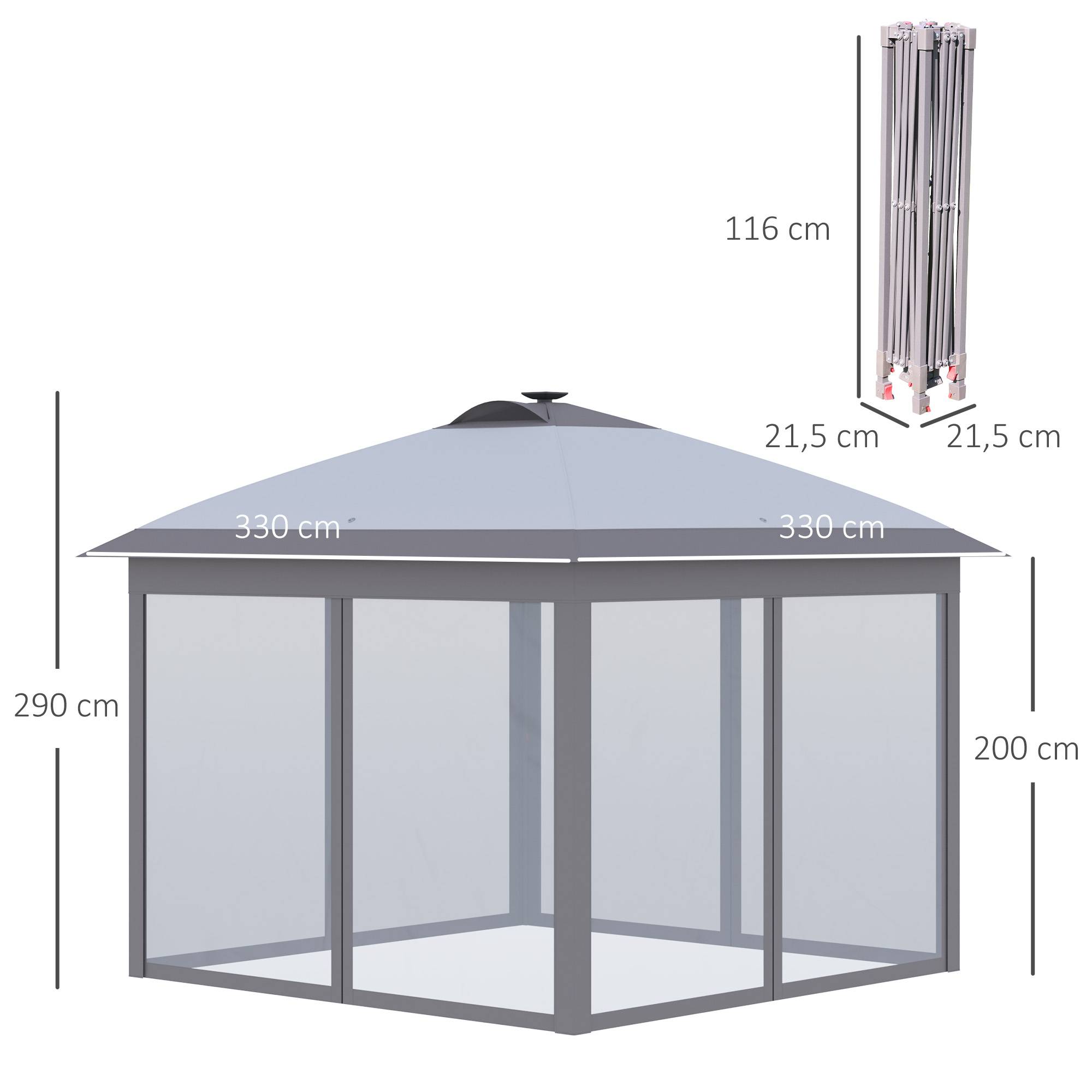 Tonnelle pliante en métal pour fêtes avec éclairage LED solaire et rideaux 3,3x3,3m Gris - ComfortXL Outdoor Living - Image 4