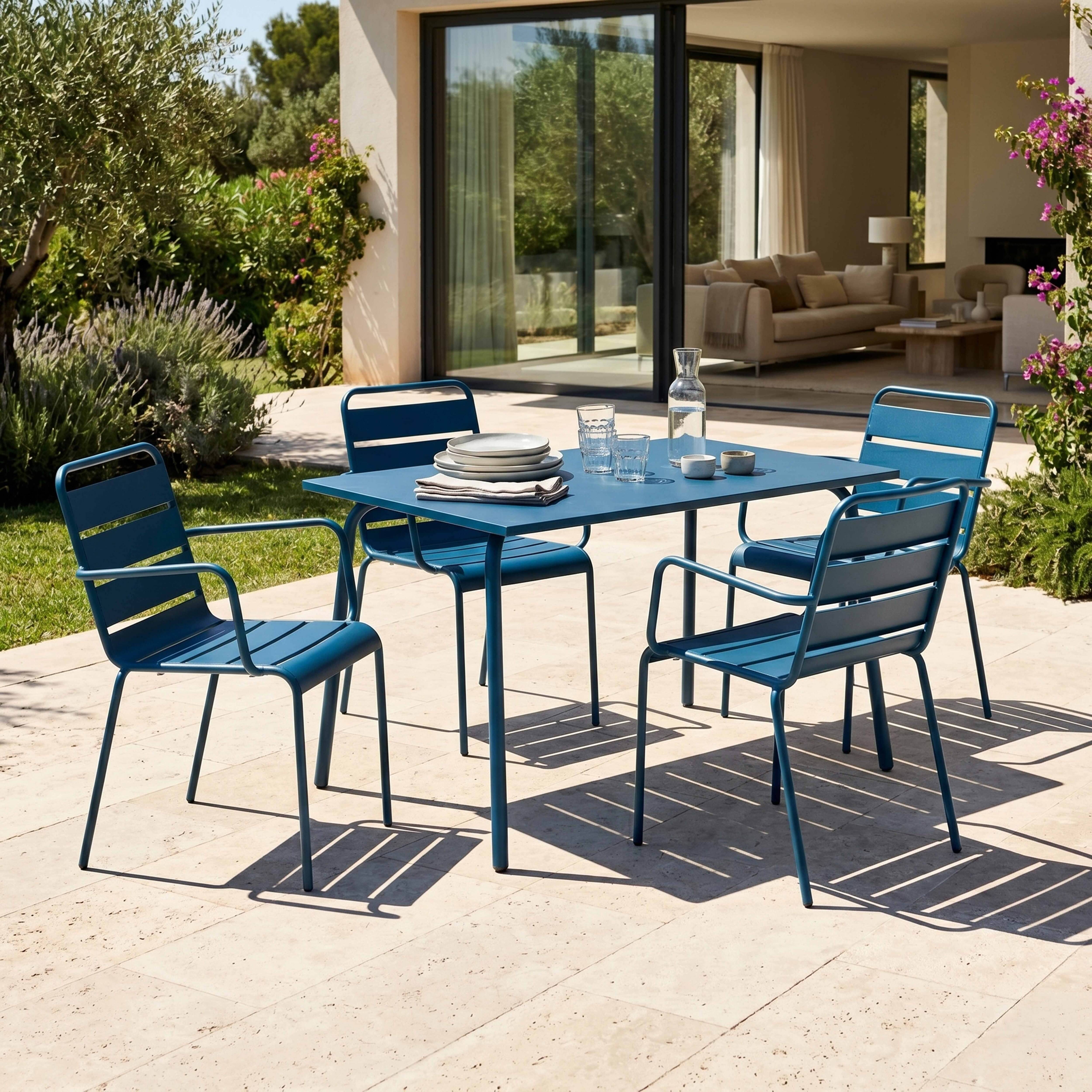 Oviala - Ensemble table de jardin 120 cm et 4 fauteuils en métal bleu pacific Palavas - Oviala - Imagen 2