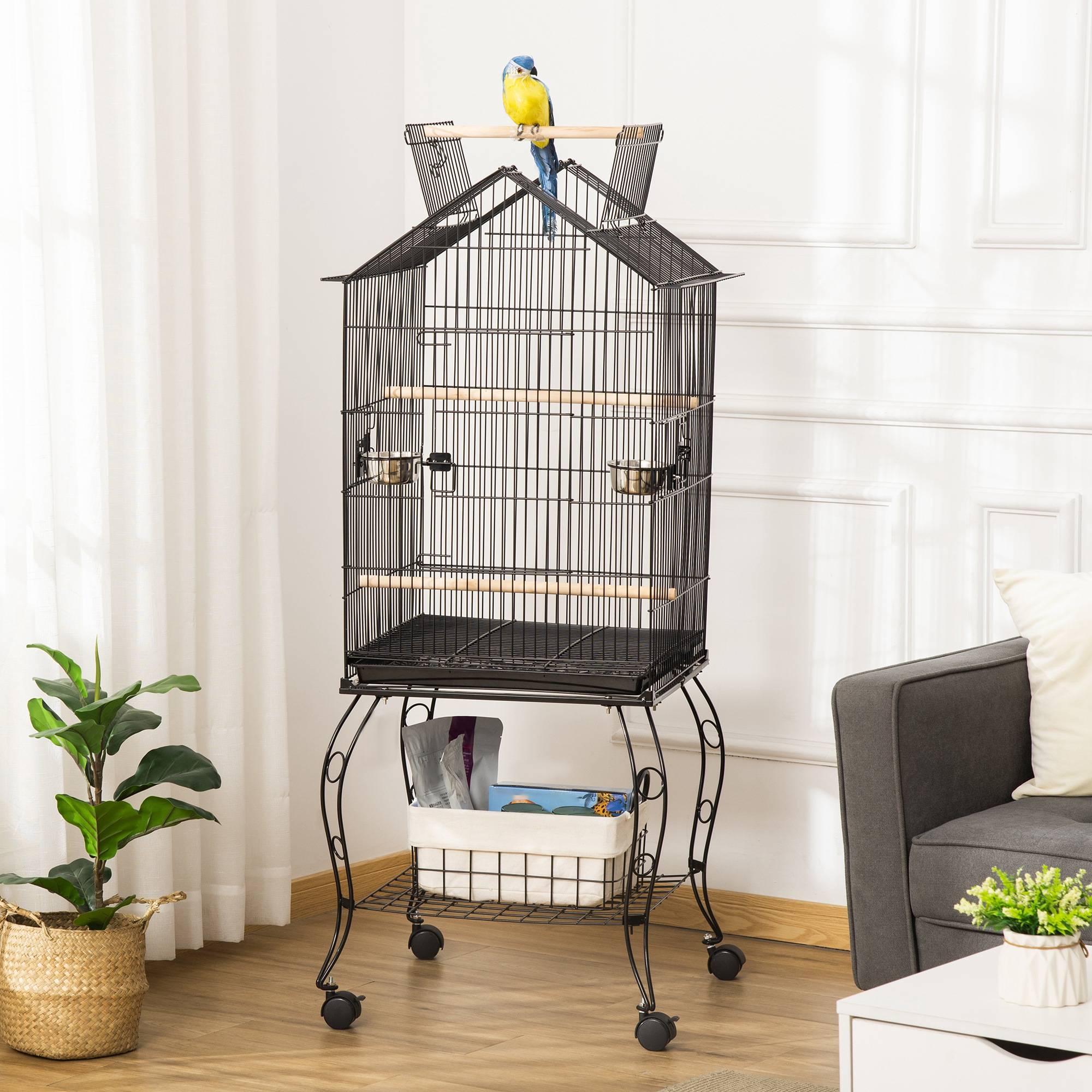 Cage pour oiseaux avec support, roues, plateau amovible et mangeoires pour canaris, perruches, 50x58x137-145 cm, noir - Image 4