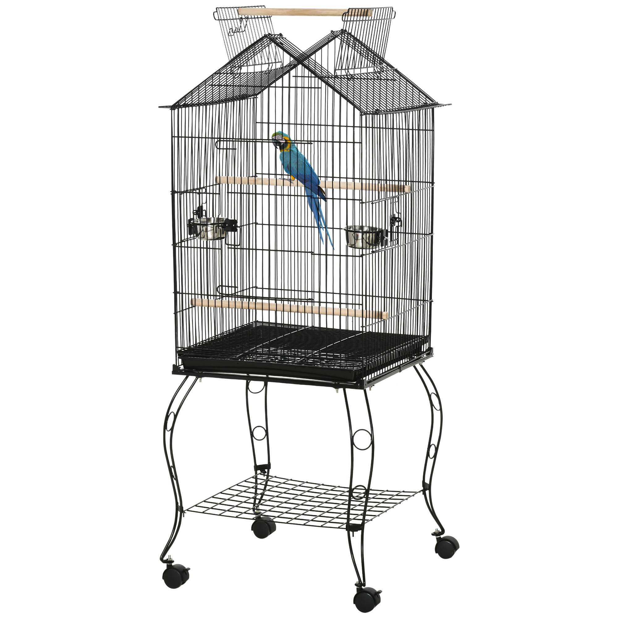 Cage pour oiseaux avec support, roues, plateau amovible et mangeoires pour canaris, perruches, 50x58x137-145 cm, noir - Image 2