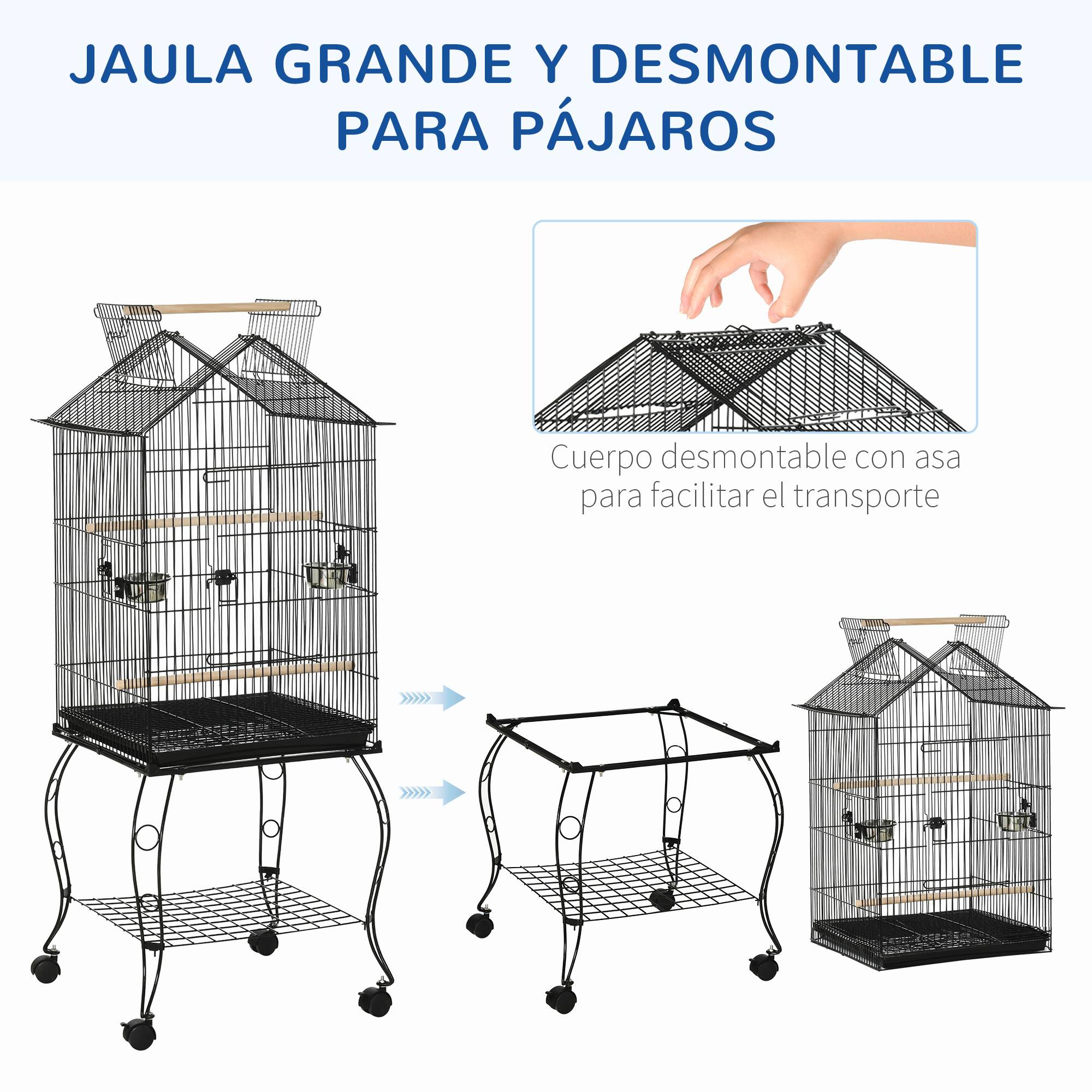 Cage pour oiseaux avec support, roues, plateau amovible et mangeoires pour canaris, perruches, 50x58x137-145 cm, noir - Image 6