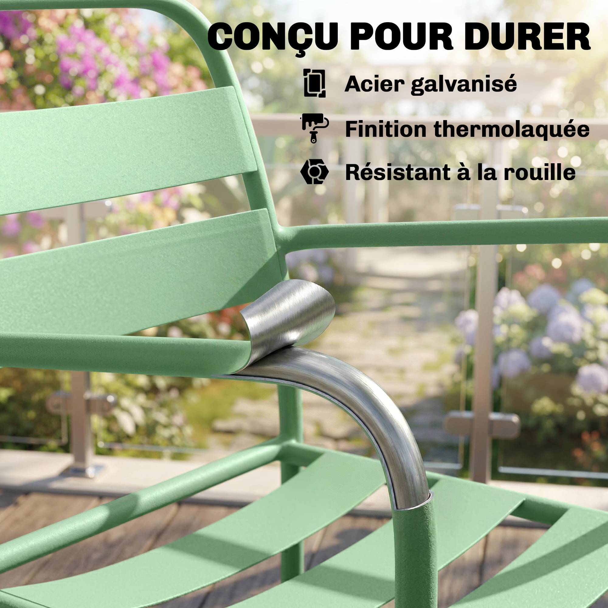 Ensemble bistrot de jardin 3 pièces - table basse en verre trempé et 2 chaises à lattes, cadre en acier galvanisé, vert - Image 7